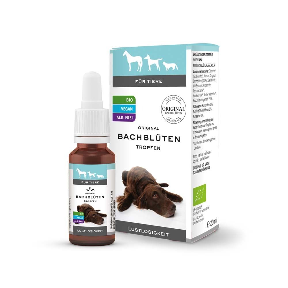 Produktverpackung mit Flasche. Flasche und Karton mit Hund, Text: Bachblüten Tropfen, Lustlosigkeit. Für Tiere.