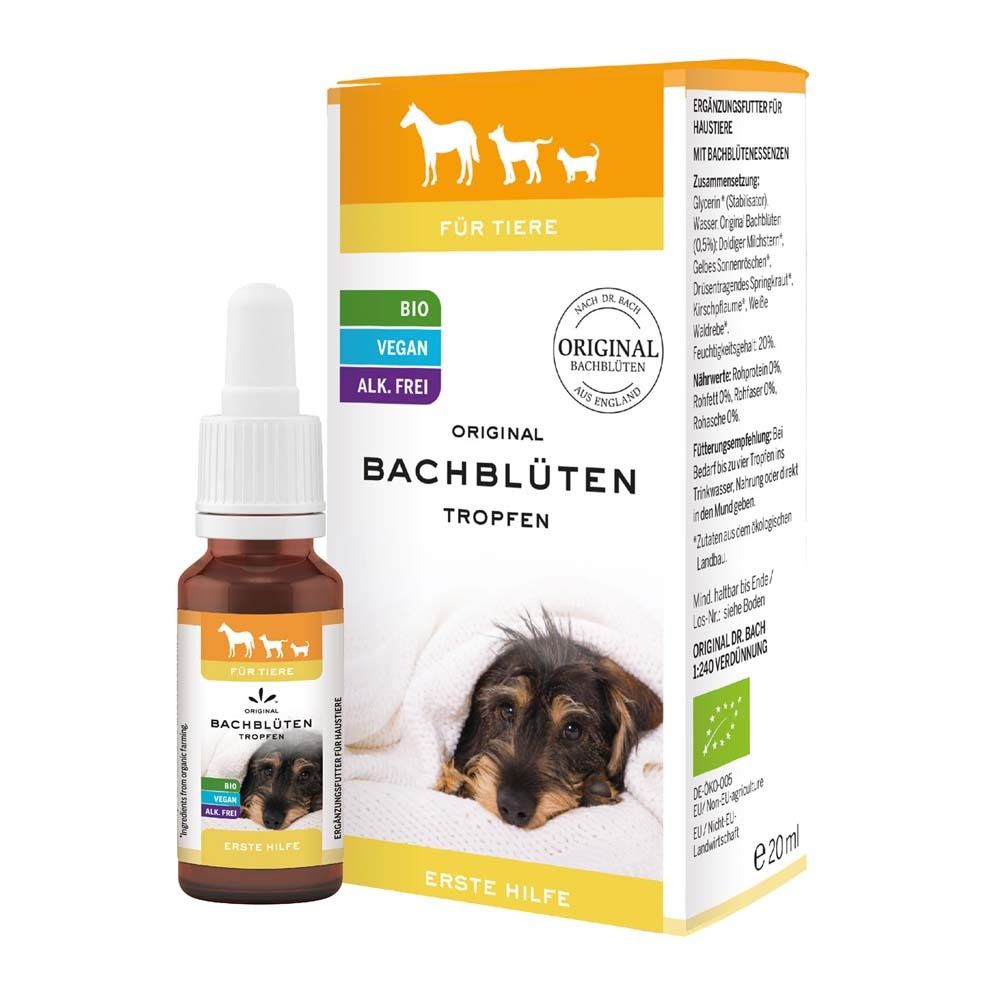 Produktflasche und Schachtel. Flasche mit Tropfer. Schachtel mit Text: Bachblüten Tropfen, Erste Hilfe. Für Tiere. Bio, Vegan, Alk. Frei.