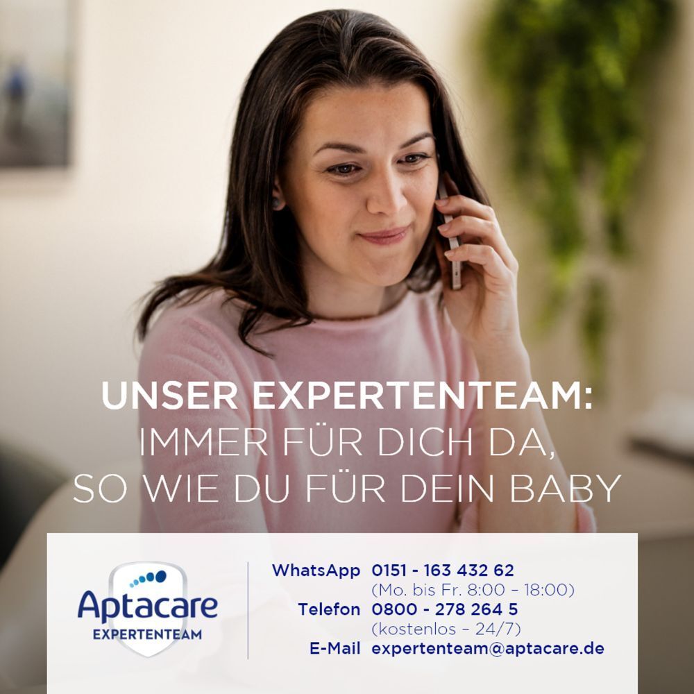 Frau telefoniert. Text: Unser Expertenteam ist für dich da. Kontaktinformationen für Aptacare.