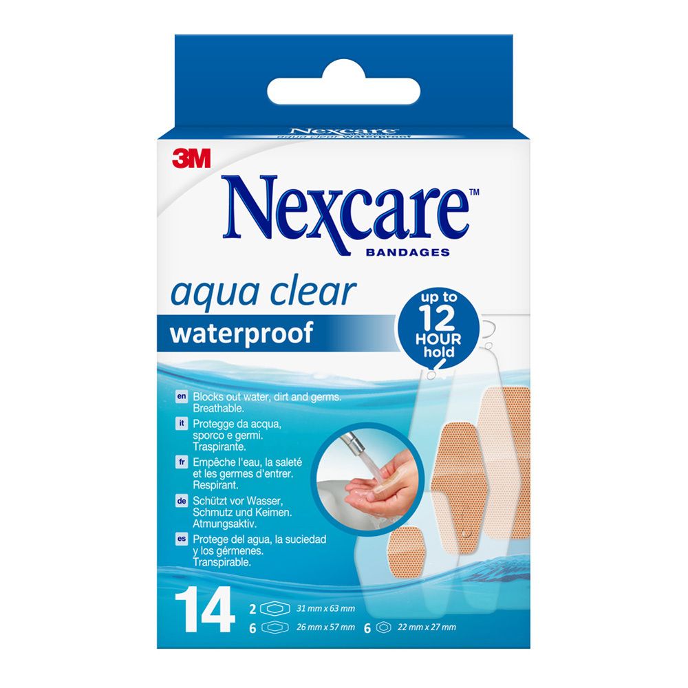 Verpackung mit Nexcare aqua clear waterproof Pflastern. 14 Stück, verschiedene Größen. Blaue und weiße Verpackung.