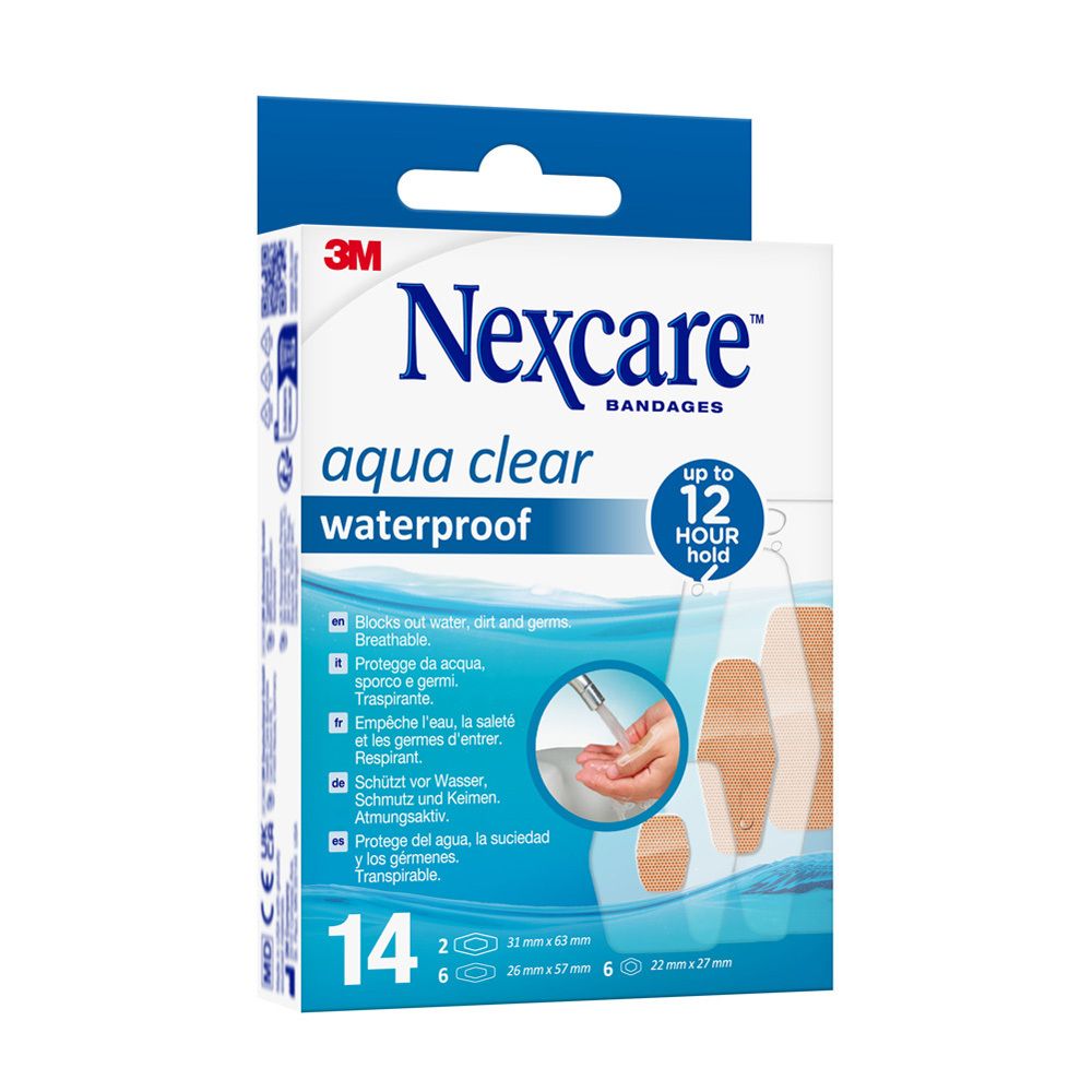 Verpackung Nexcare aqua clear waterproof Pflaster. Aufschrift: aqua clear waterproof. 14 Pflaster, verschiedene Größen.