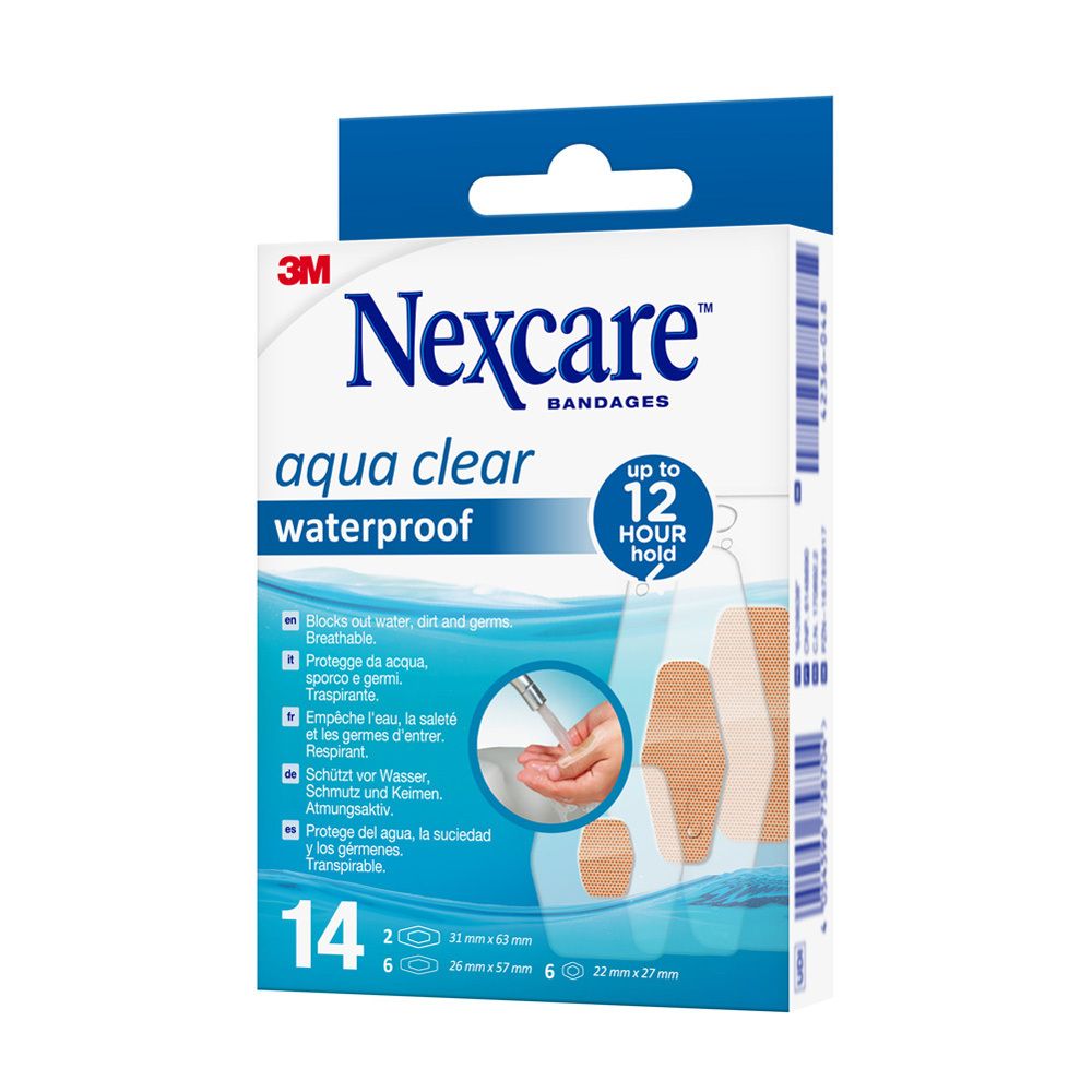 Verpackung Nexcare aqua clear waterproof Pflaster. Aufschrift: aqua clear waterproof. 14 Pflaster, verschiedene Größen.