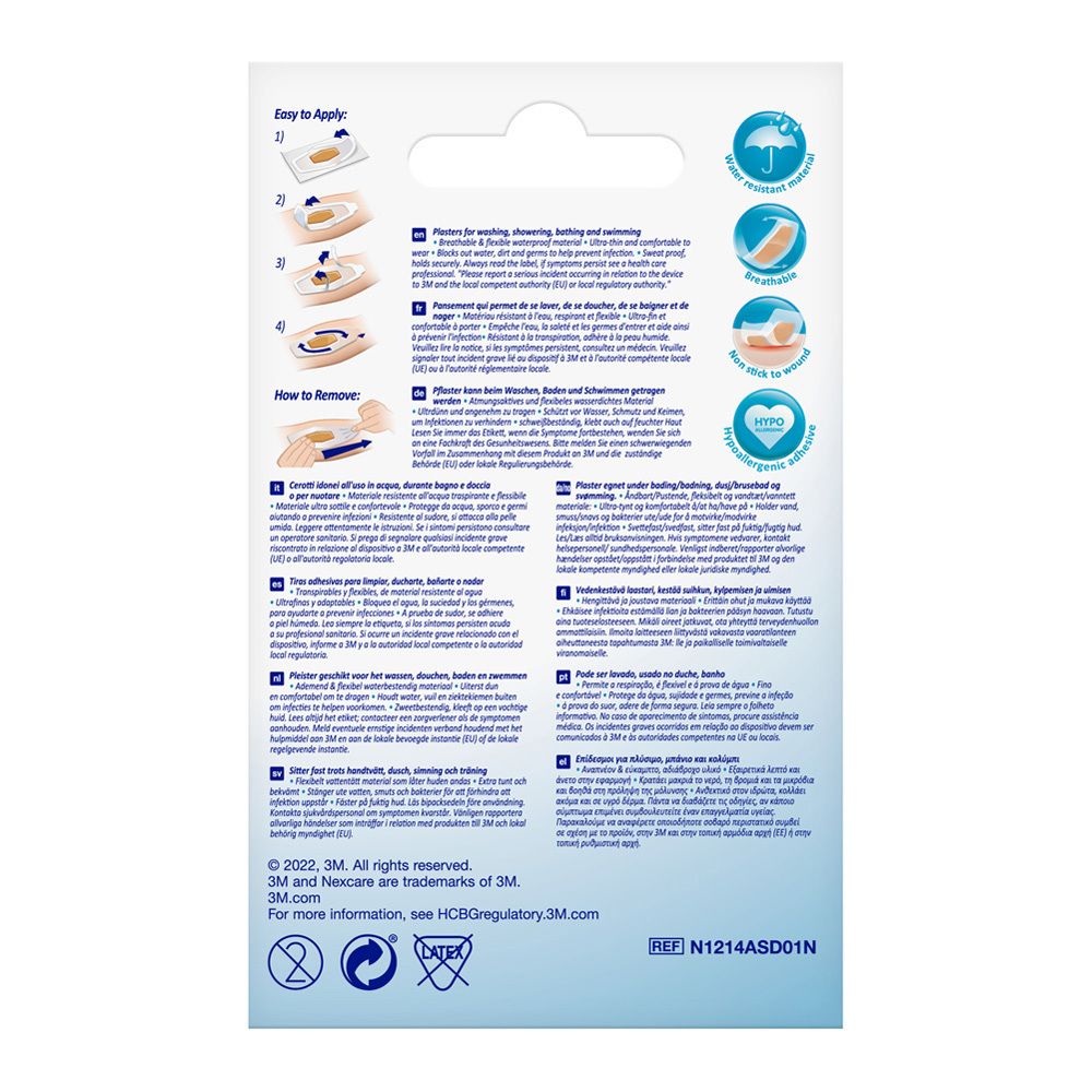 Rückseite der Nexcare aqua clear waterproof Pflaster-Verpackung. Anweisungen und Informationen in mehreren Sprachen.