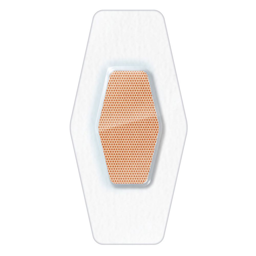 Ein einzelnes, transparentes Pflaster. Rechteckige Form mit abgerundeten Ecken. Zentrales, braunes Polster.