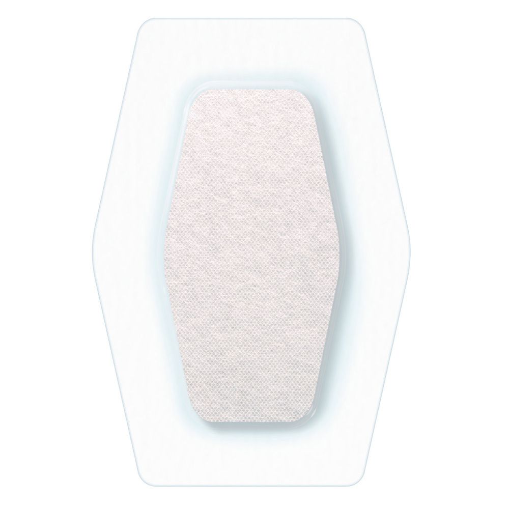 Klarer, rechteckiger Pflaster mit abgerundeten Ecken. Zentrales, ovales Wundkissen.