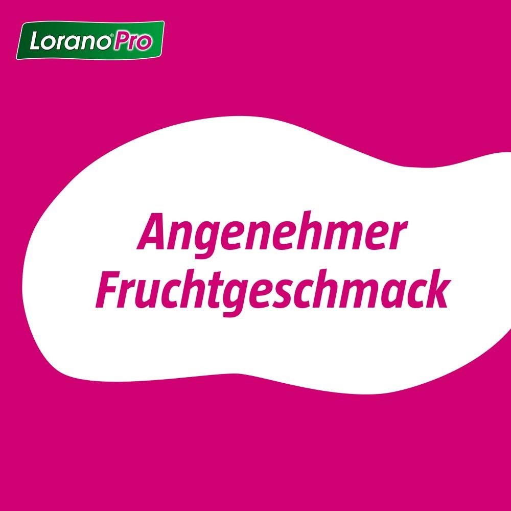 Text auf rosa Hintergrund: Angenehmer Fruchtgeschmack. Logo Lorano®Pro.