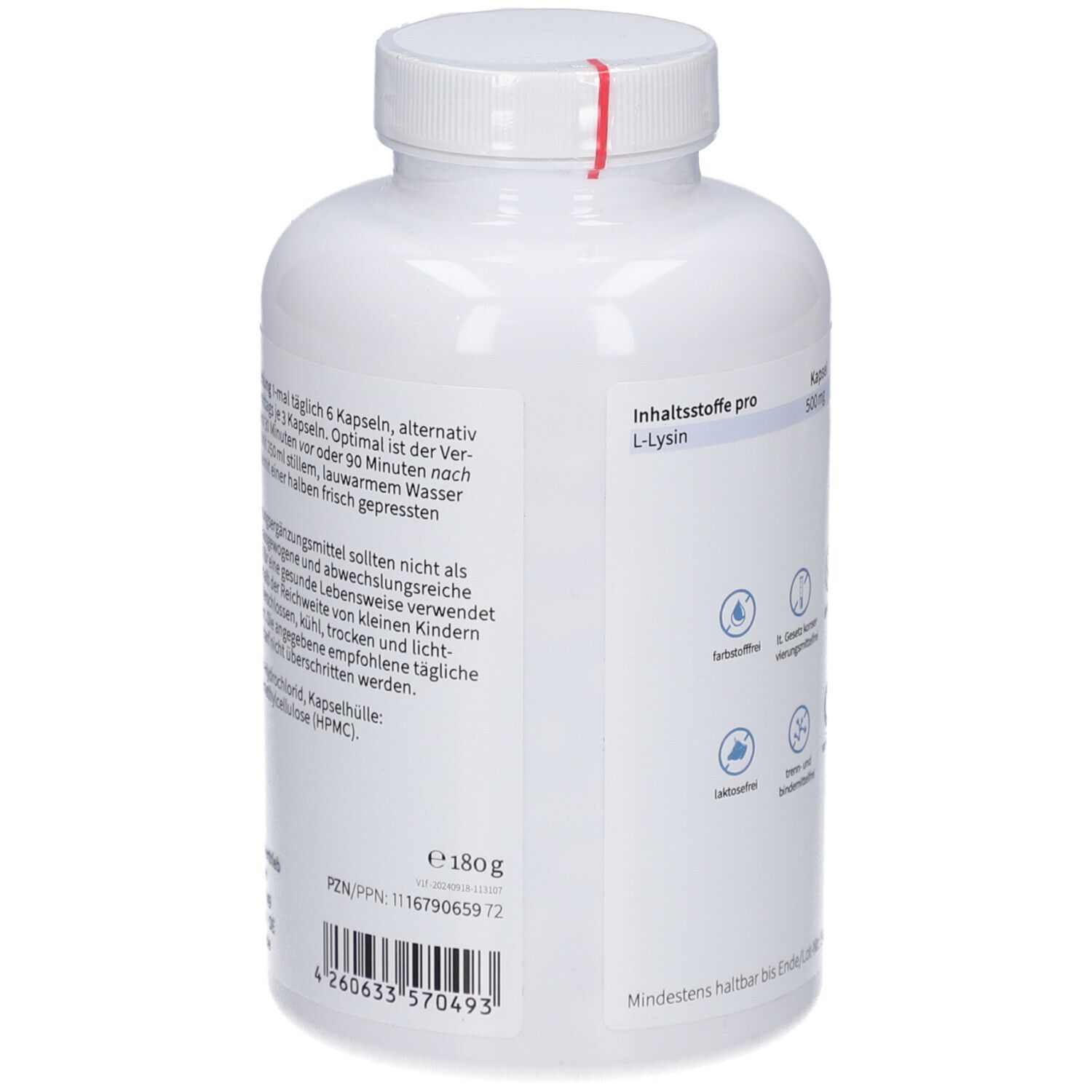 Rückseite der weißen Flasche. Text mit Verzehrempfehlung, Inhaltsstoffen und Warnhinweisen. Gewicht: 180g.