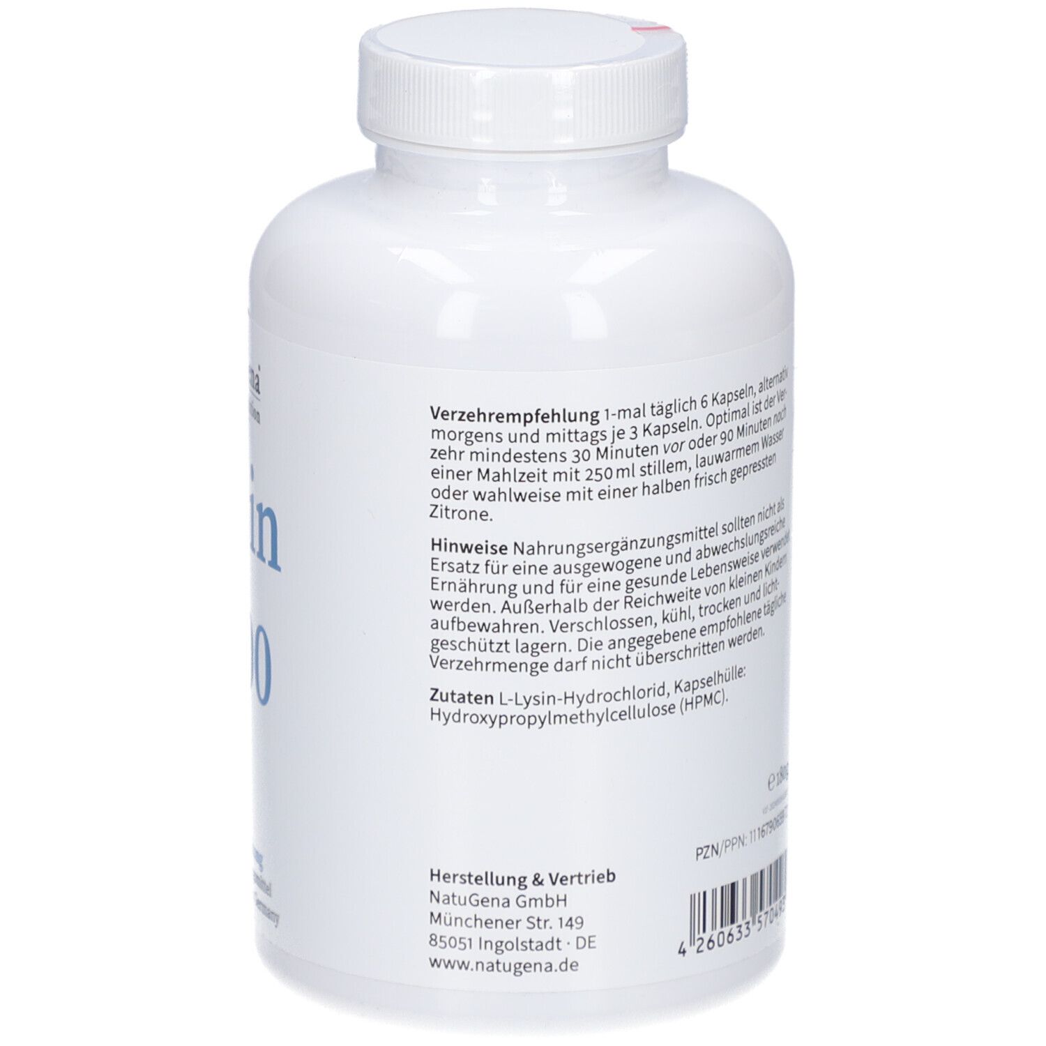 Rückseite der weißen Flasche. Text mit Verzehrempfehlung, Inhaltsstoffen und Warnhinweisen. Herstellerinformationen.