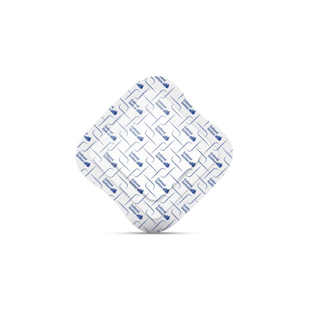 Cutimed Sorbion Border Wundauflage, 10x10cm. Quadratische, superabsorbierende Kompresse mit Muster.