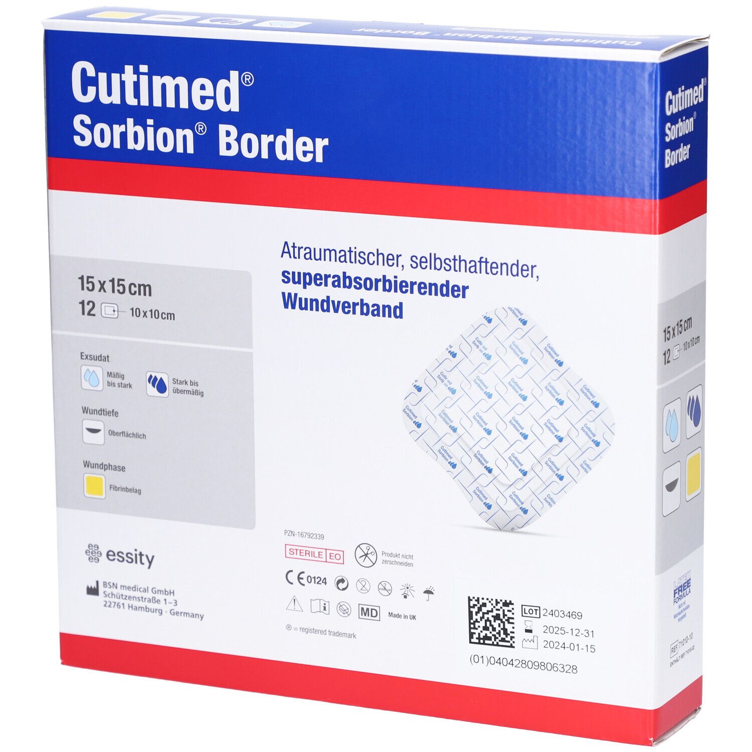 Cutimed Sorbion Border Verband, 15x15 cm, 12 Stück. Selbsthaftend, superabsorbierend.