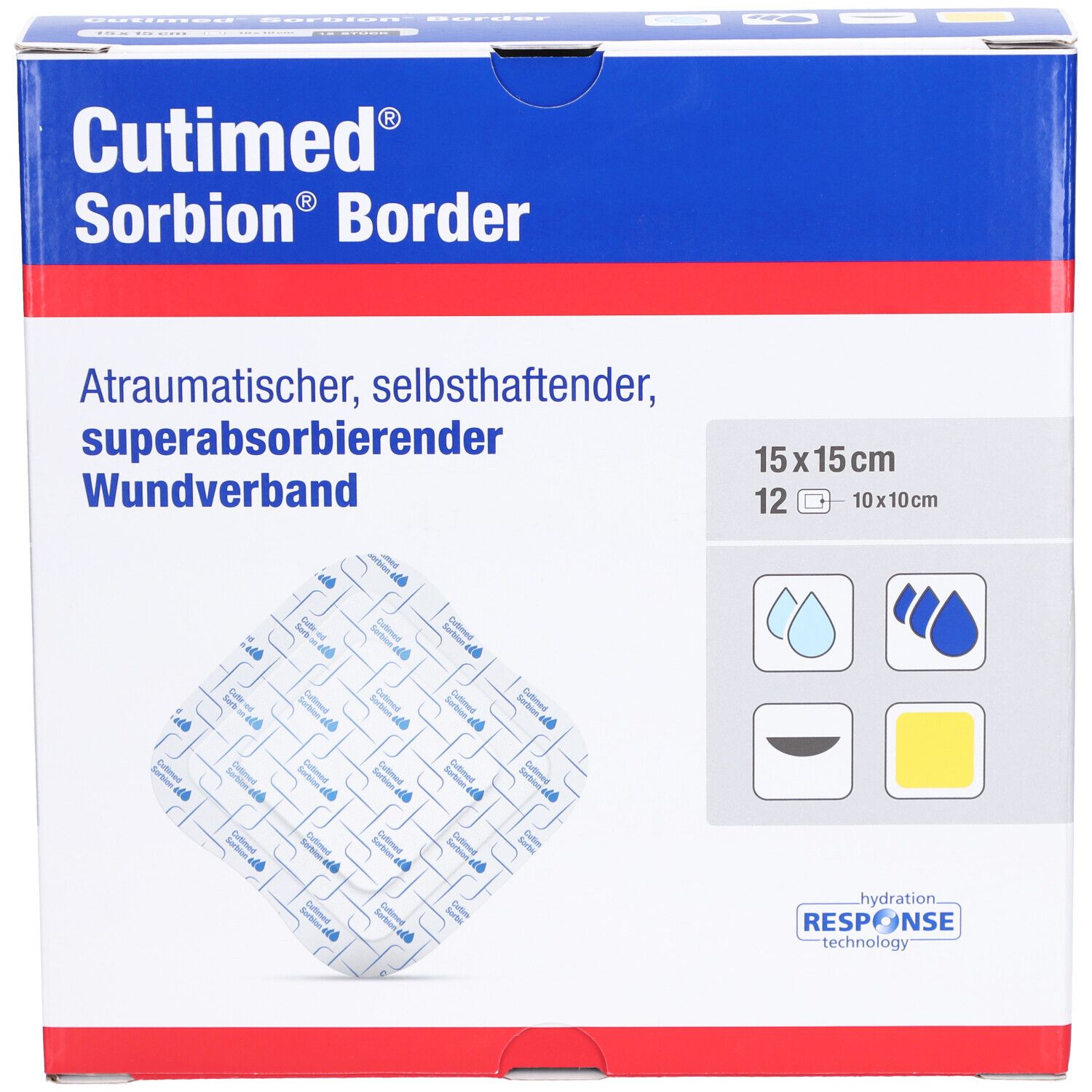 Cutimed Sorbion Border Verband, 15x15 cm, 12 Stück. Selbsthaftend, superabsorbierend.