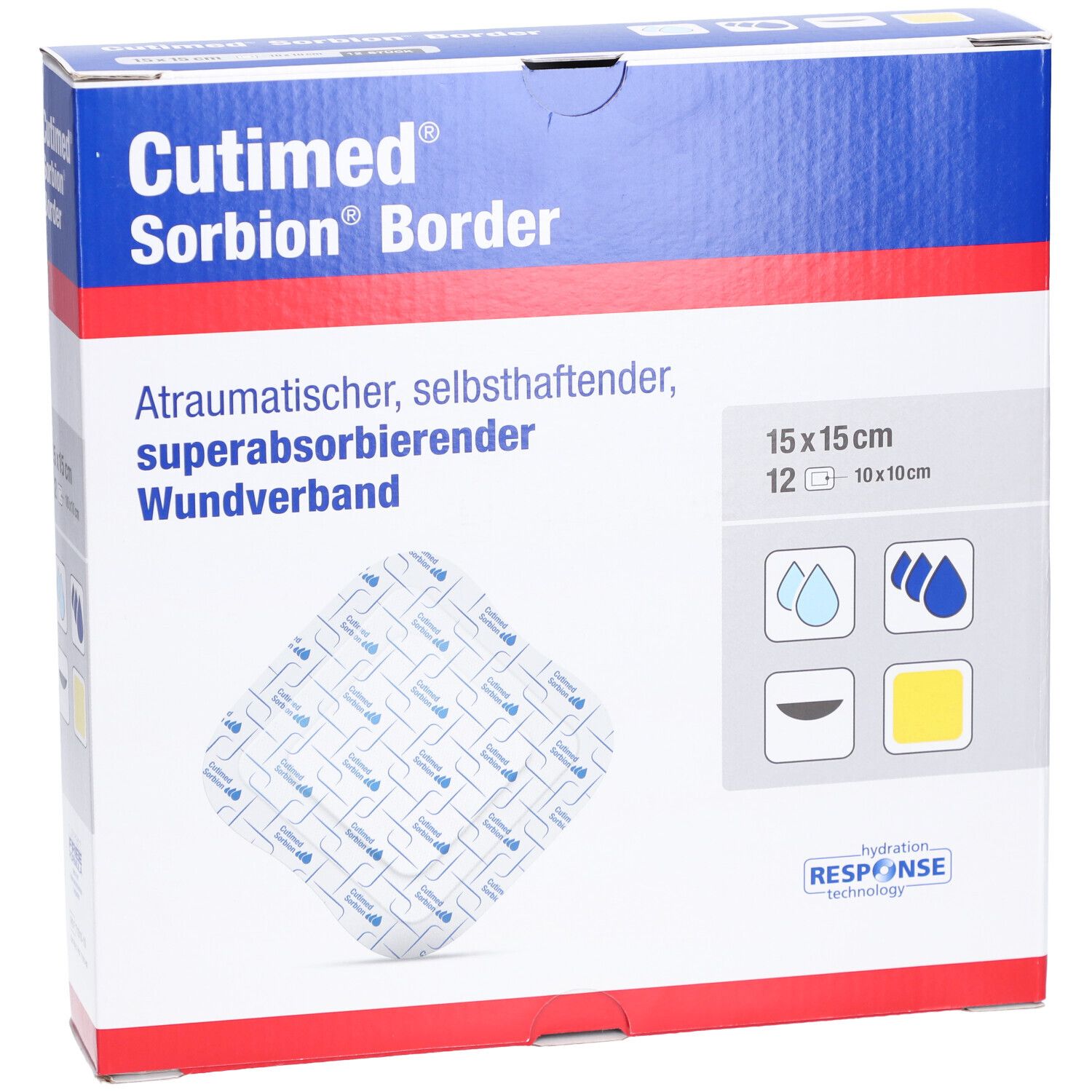Cutimed Sorbion Border Verband, 15x15 cm, 12 Stück. Selbsthaftend, superabsorbierend.