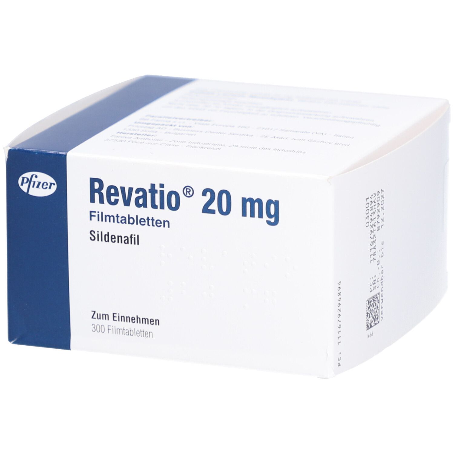 Weiß-blaue Schachtel mit "Revatio 20 mg Filmtabletten". Pfizer-Logo. Text: "Zum Einnehmen, 300 Filmtabletten".