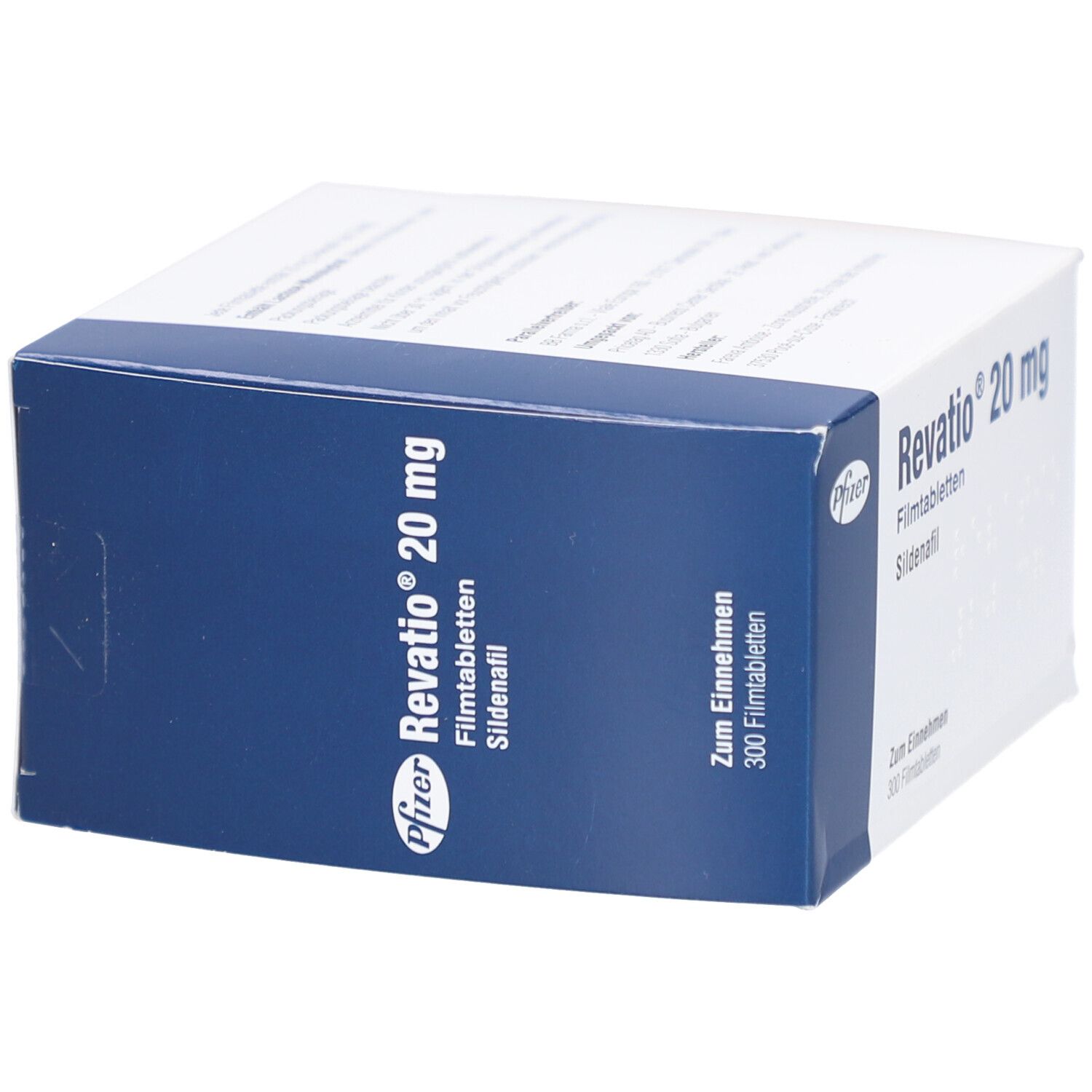 Weiß-blaue Schachtel mit "Revatio 20 mg Filmtabletten". Pfizer-Logo. Text: "Zum Einnehmen, 300 Filmtabletten".