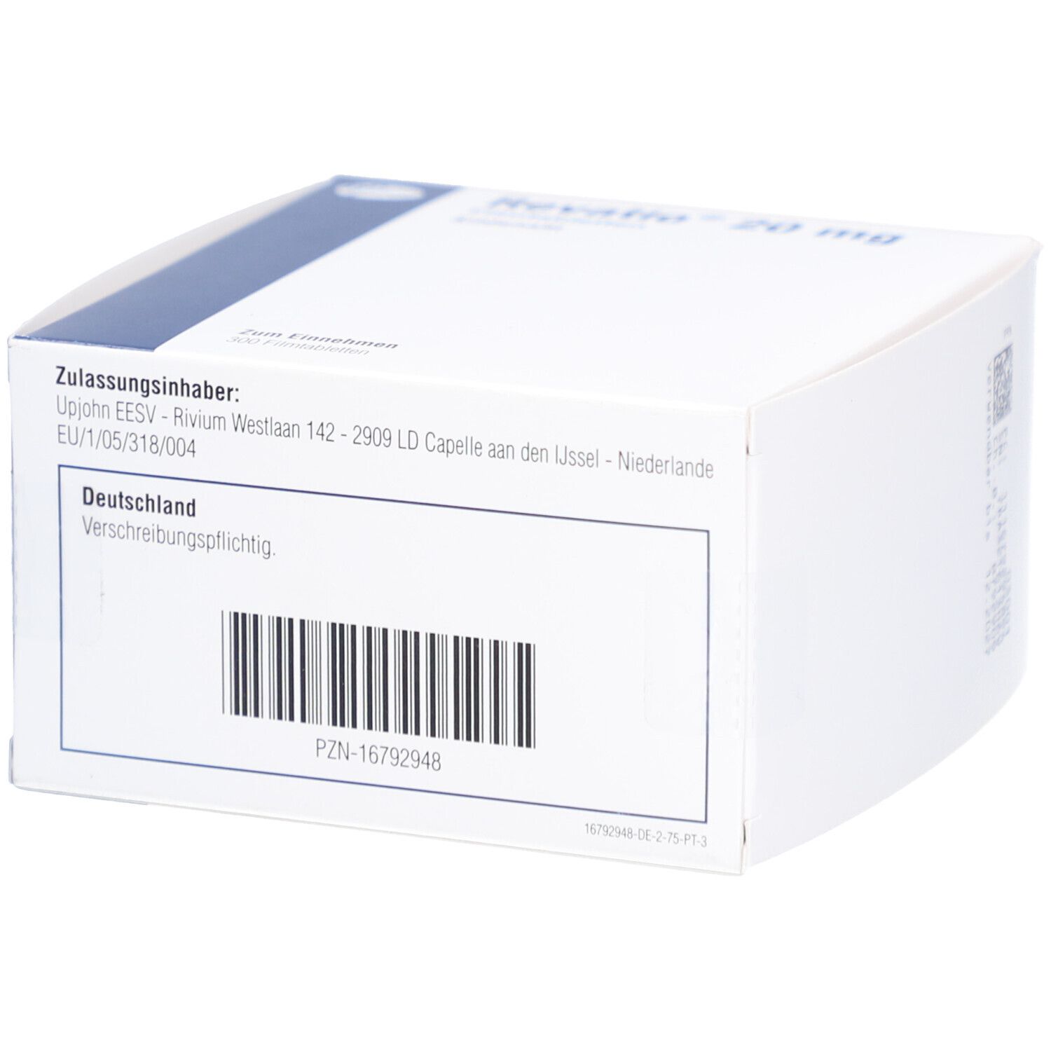 Weiße Schachtel mit Barcode und Text. Text: "Zulassungsinhaber: Uphohn EESV... Deutschland Verschreibungspflichtig".