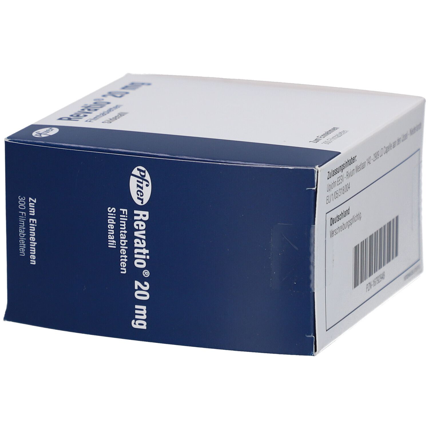 Weiß-blaue Schachtel mit "Revatio 20 mg Filmtabletten". Pfizer-Logo. Text: "Zum Einnehmen, 300 Filmtabletten".