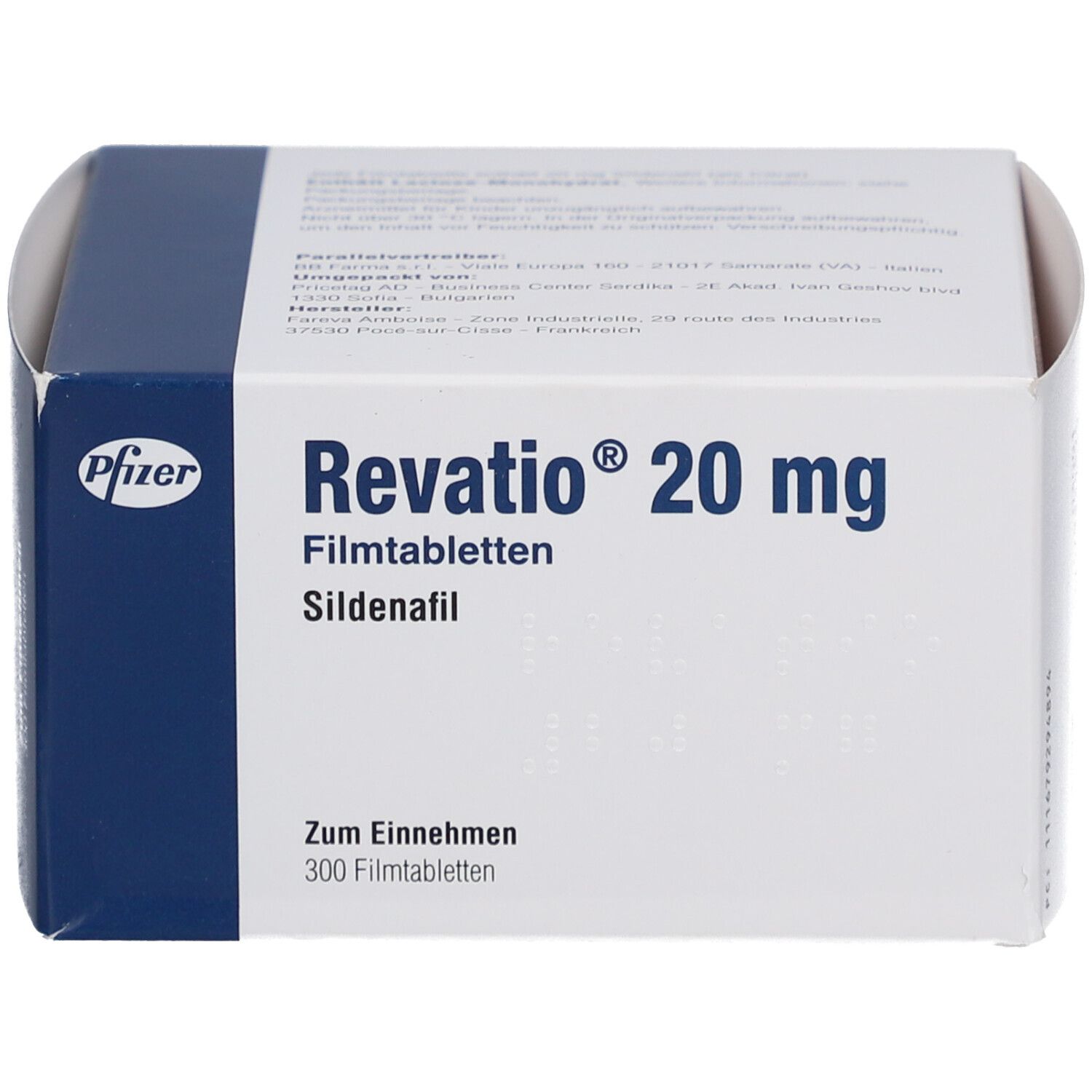 Weiß-blaue Schachtel mit "Revatio 20 mg Filmtabletten". Pfizer-Logo. Text: "Zum Einnehmen, 300 Filmtabletten".
