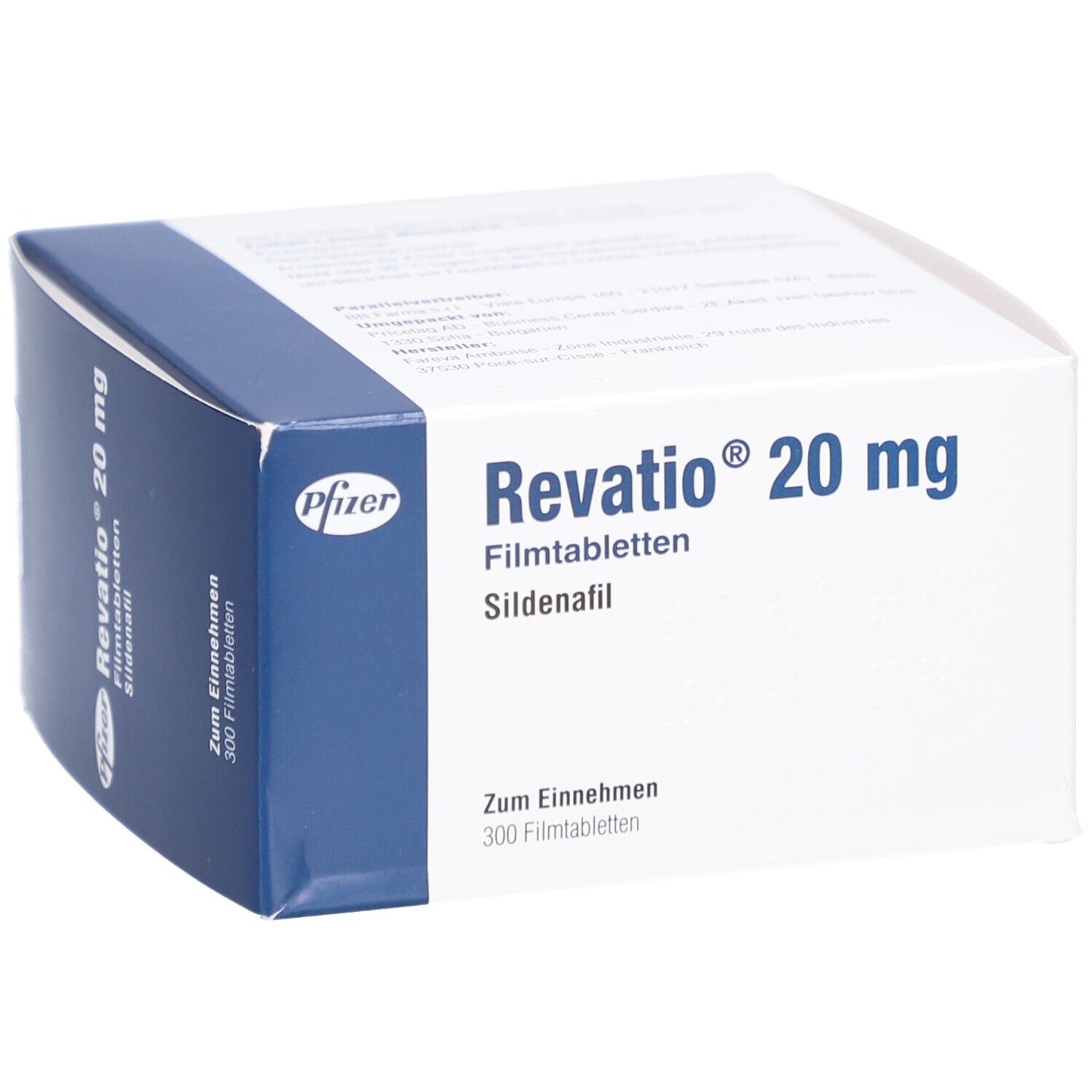 Weiß-blaue Schachtel mit "Revatio 20 mg Filmtabletten". Pfizer-Logo. Text: "Zum Einnehmen, 300 Filmtabletten".
