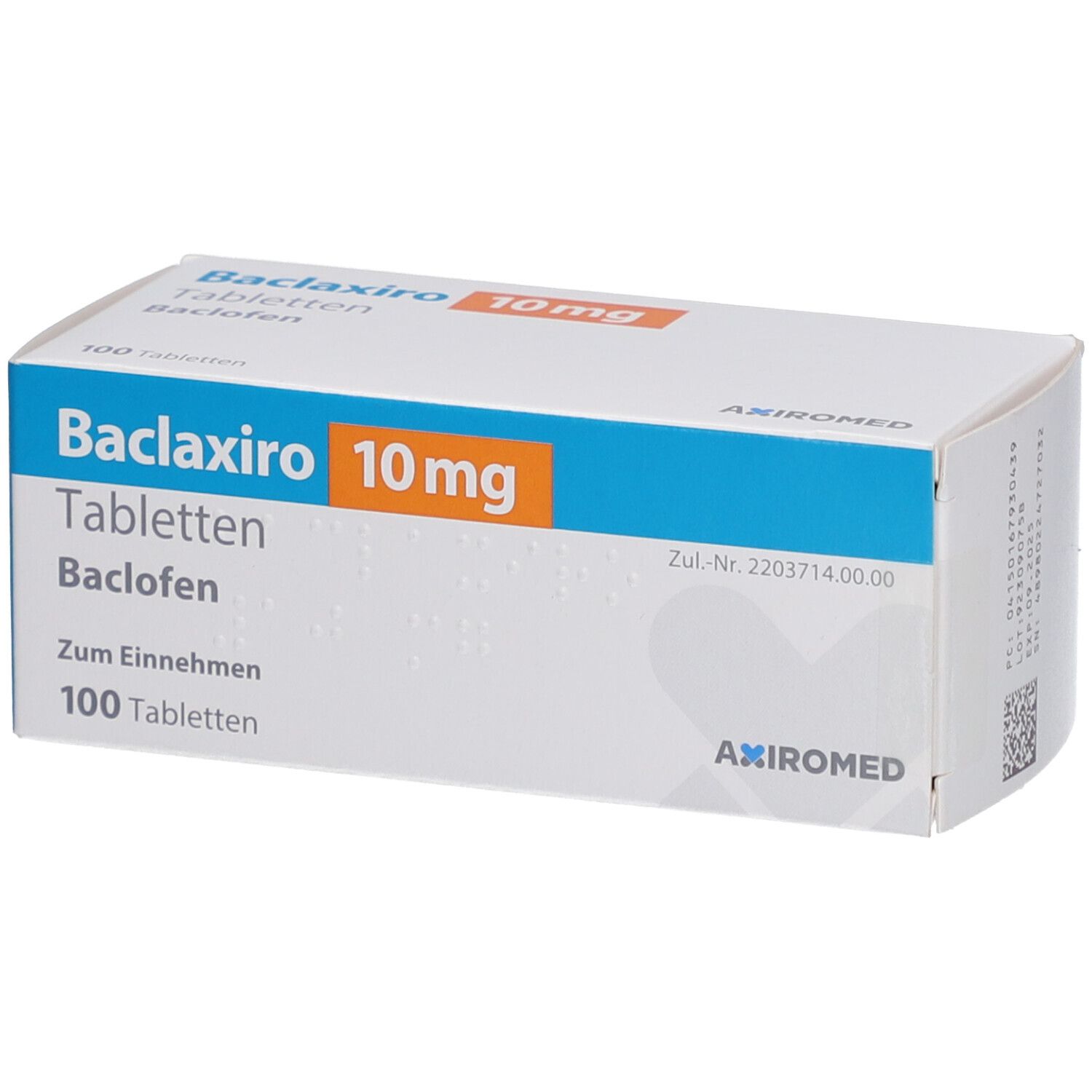 Schachtel mit "Baclaxiro 10 mg Tabletten". Blaue und orangefarbene Schrift. 100 Tabletten. Hersteller: Axiromed.