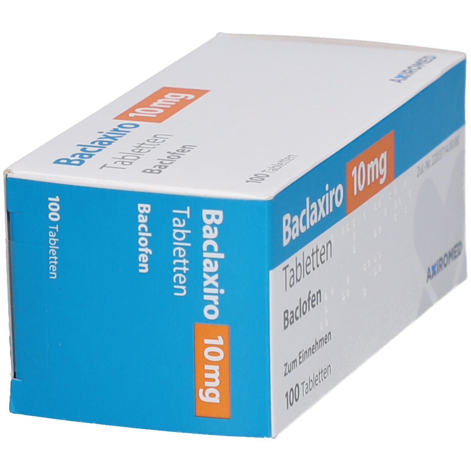 Schachtel "Baclaxiro 10 mg Tabletten". Blaue und orangefarbene Schrift. 100 Tabletten. Hersteller: Axiromed. Schräge Ansicht.