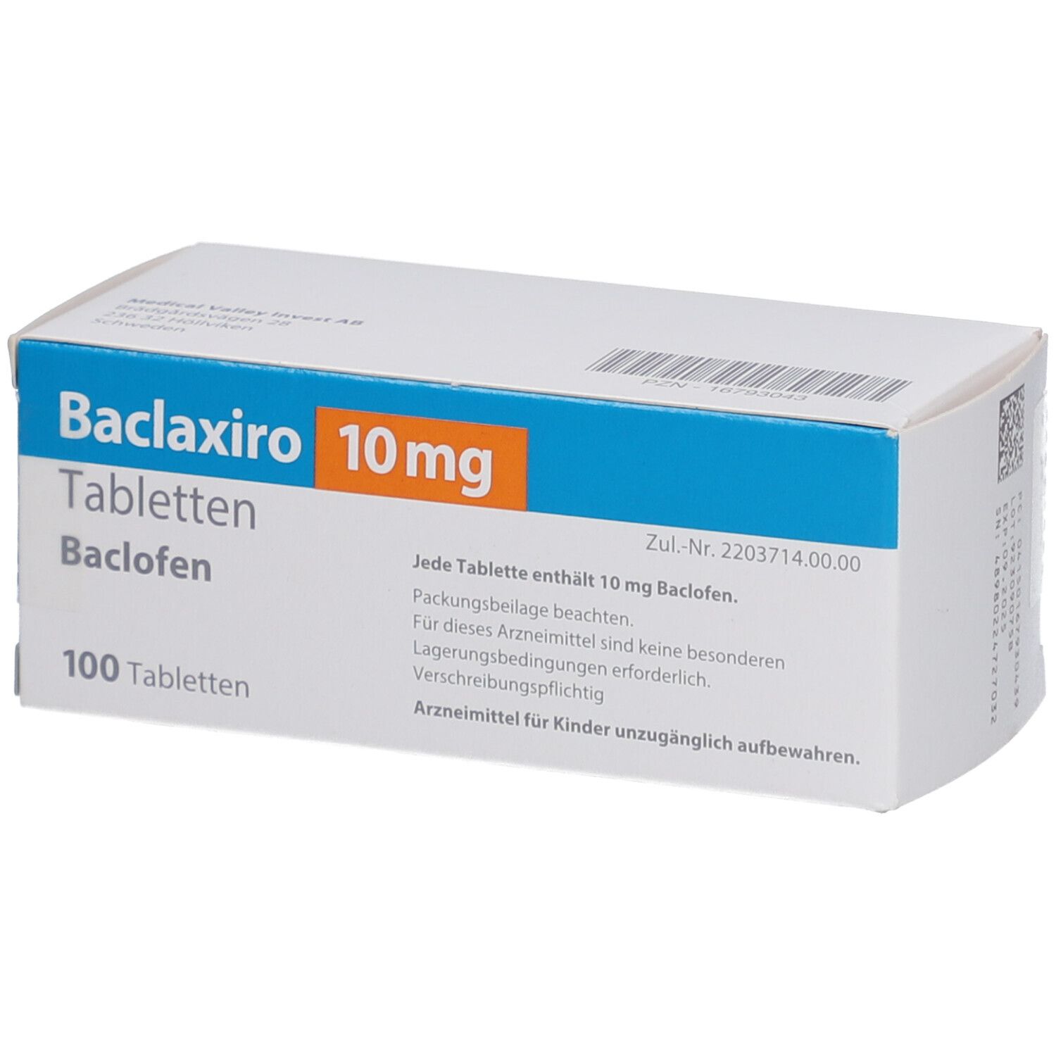 Schachtel "Baclaxiro 10 mg Tabletten". Blaue und orangefarbene Schrift. 100 Tabletten. Hersteller: Axiromed. Text auf der Rückseite.