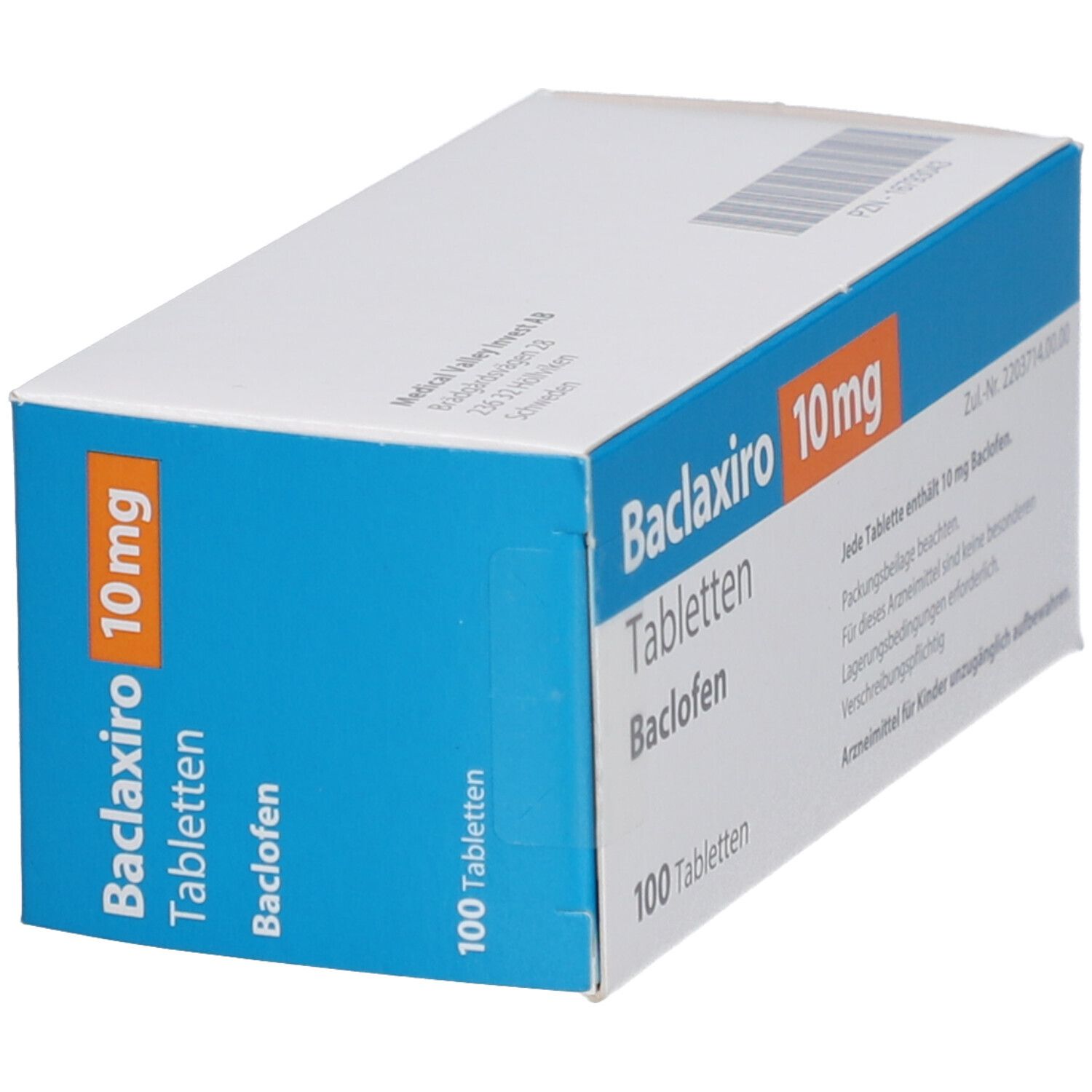 Schachtel "Baclaxiro 10 mg Tabletten". Blaue und orangefarbene Schrift. 100 Tabletten. Hersteller: Axiromed. Schräge Ansicht.