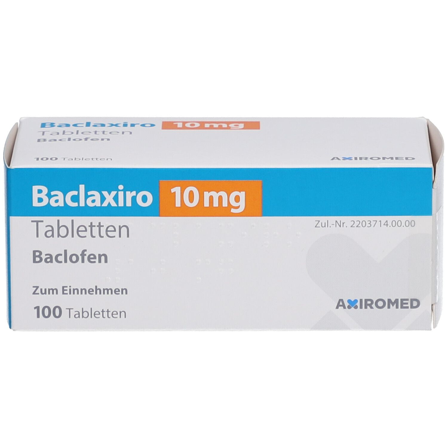 Schachtel "Baclaxiro 10 mg Tabletten". Blaue und orangefarbene Schrift. 100 Tabletten. Hersteller: Axiromed.