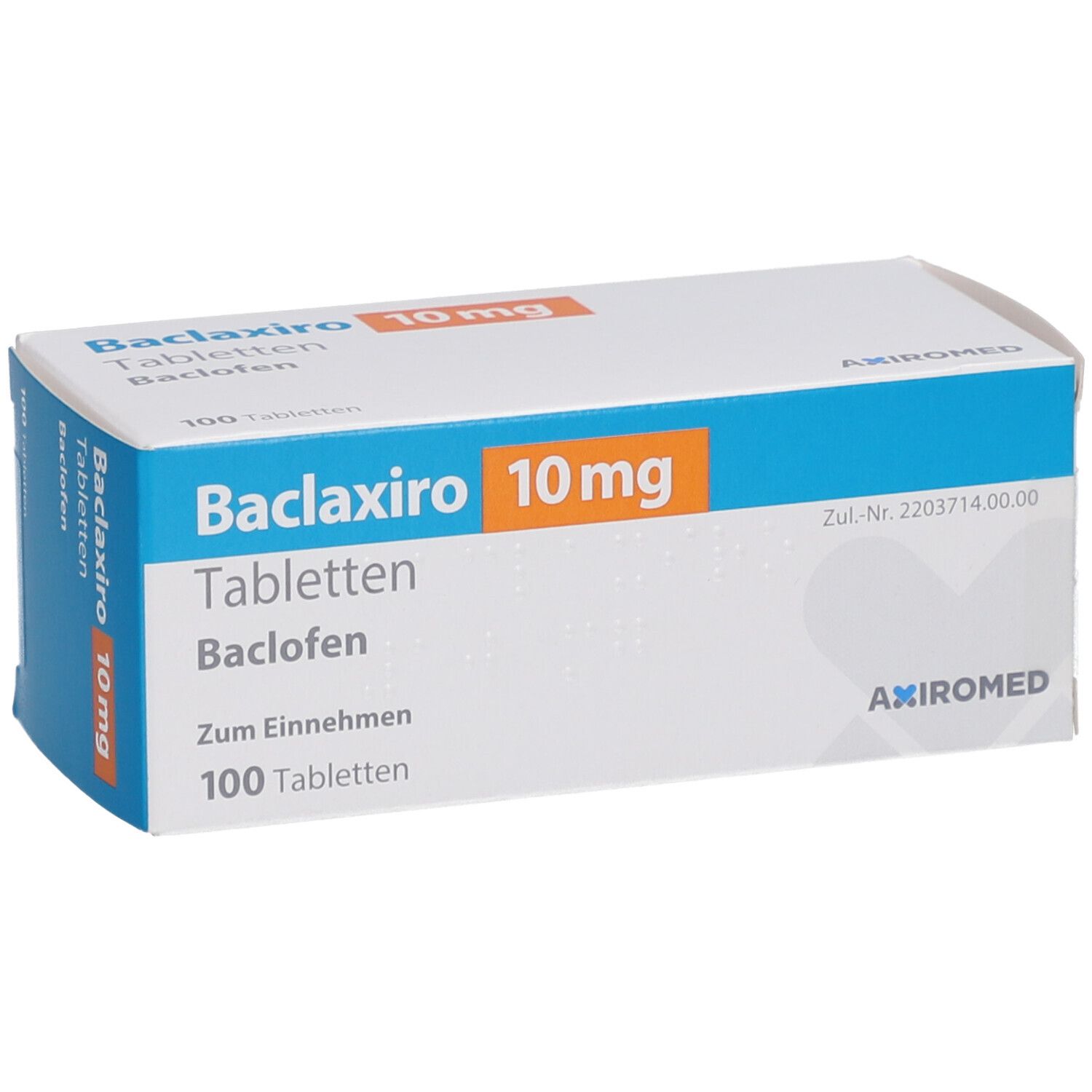 Schachtel "Baclaxiro 10 mg Tabletten". Blaue und orangefarbene Schrift. 100 Tabletten. Hersteller: Axiromed. Schräge Ansicht.