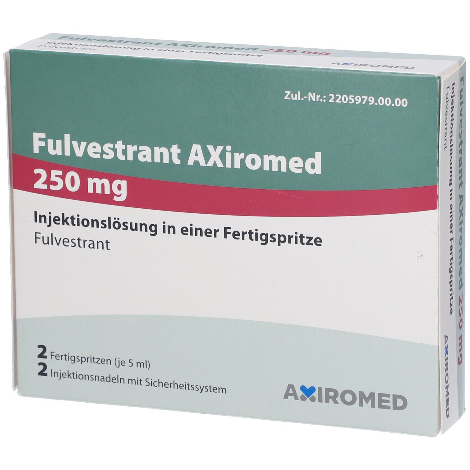 Packung FULVESTRANT AXiromed 250 mg. Enthält 2 Fertigspritzen und 2 Injektionsnadeln. Grün-weißes Design mit roter Linie.