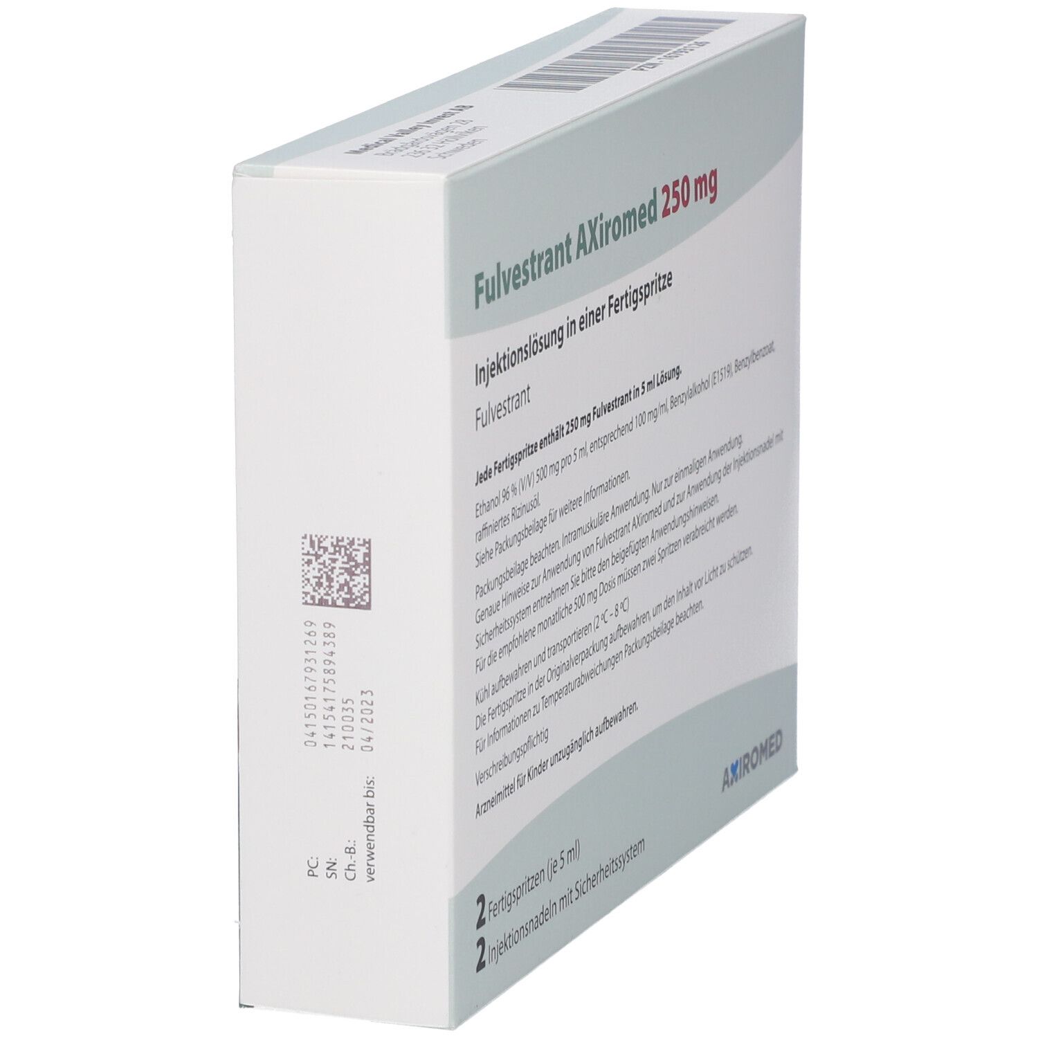 Seitenansicht der FULVESTRANT AXiromed 250 mg Packung. Textinformationen und Inhaltsstoffe. Enthält 2 Fertigspritzen.