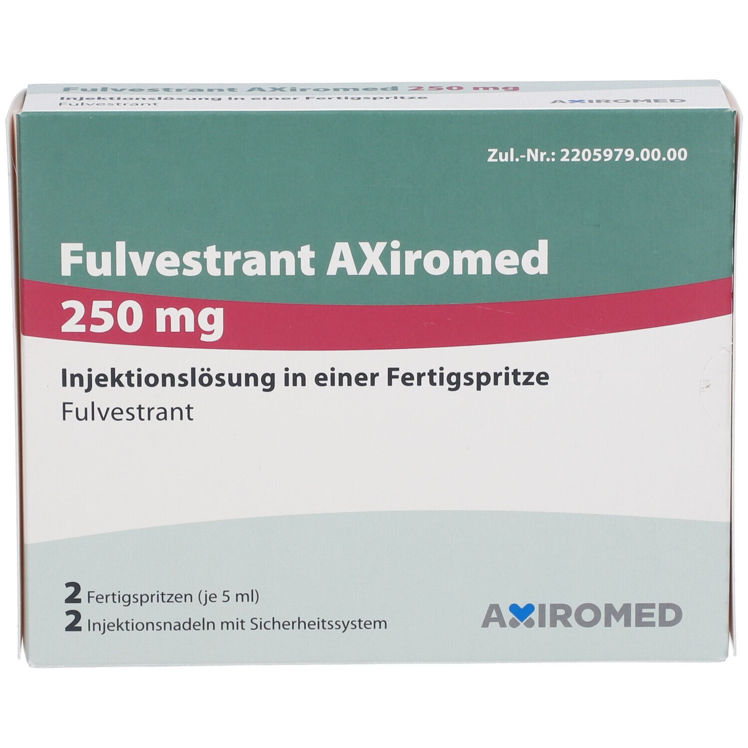 FULVESTRANT AXiromed 250 mg Packung. Grün-weißes Design mit roter Linie. Enthält 2 Fertigspritzen und 2 Nadeln.
