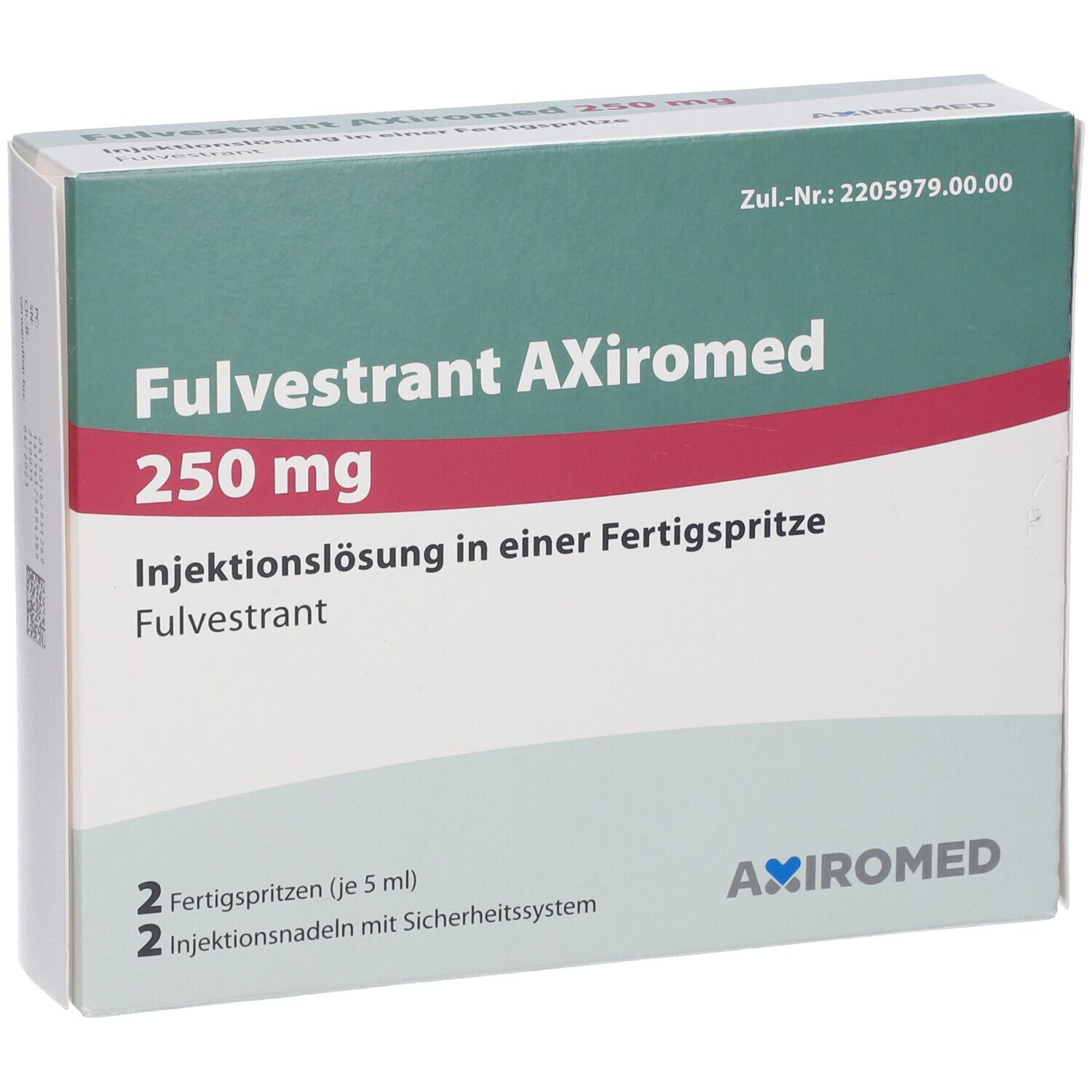 FULVESTRANT AXiromed 250 mg Packung. Grün-weißes Design mit roter Linie. Enthält 2 Fertigspritzen und 2 Nadeln.