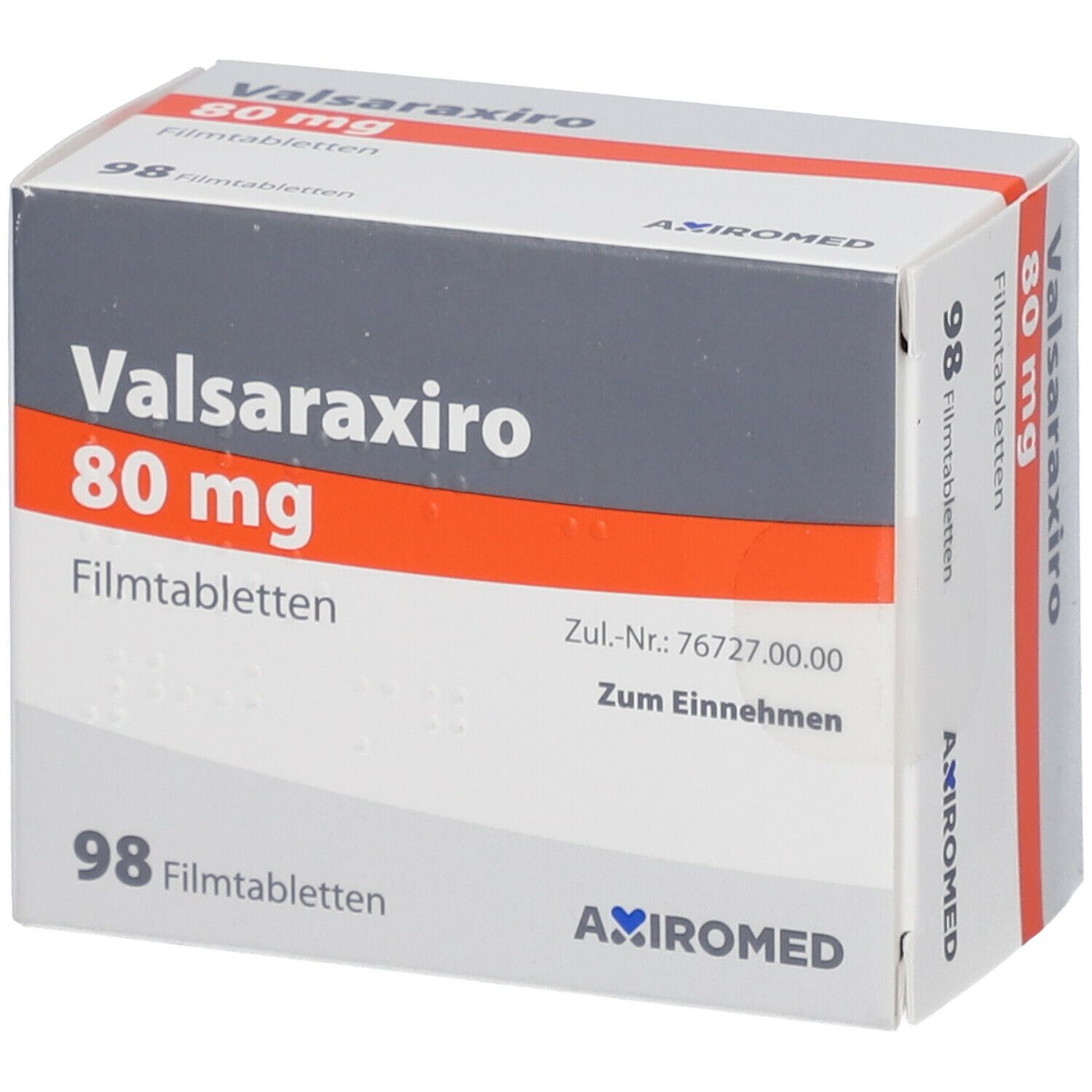 Schachtel mit Valsaraxiro 80 mg Filmtabletten. Aufschrift: Valsaraxiro 80 mg, 98 Filmtabletten. Marke: AXIROMED.