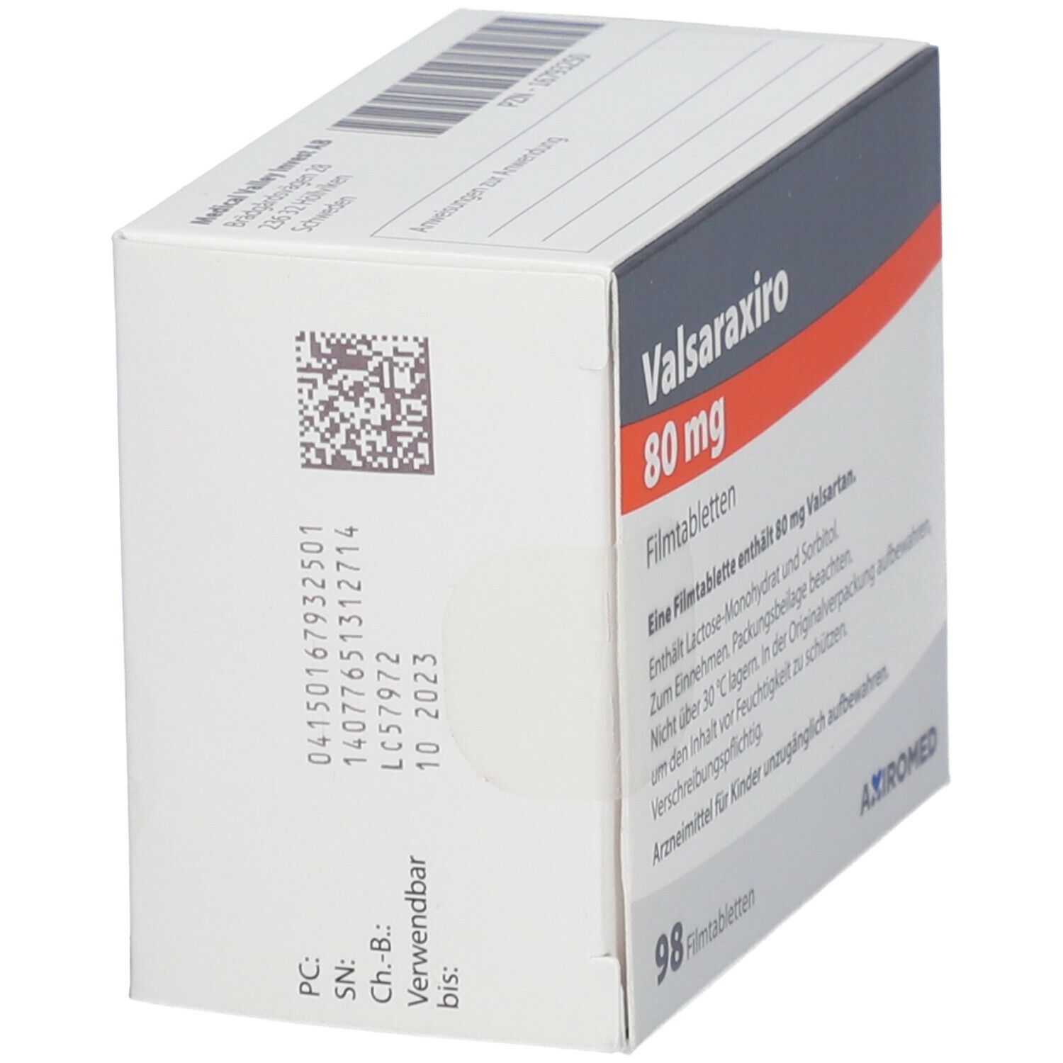 Schachtel mit Valsaraxiro 80 mg Filmtabletten. Aufdruck: Valsaraxiro 80 mg, 98 Filmtabletten. Verfallsdatum: 10.2023. Marke: AXIROMED.
