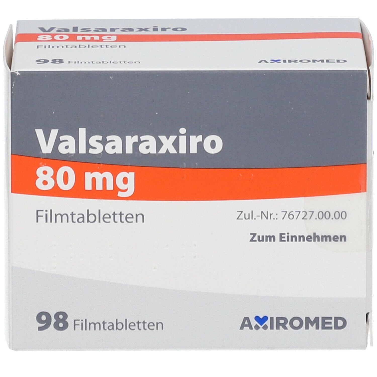 Schachtel mit Valsaraxiro 80 mg Filmtabletten. Aufschrift: Valsaraxiro 80 mg, 98 Filmtabletten. Marke: AXIROMED.