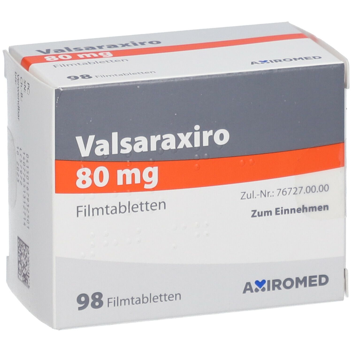 Schachtel mit Valsaraxiro 80 mg Filmtabletten. Aufschrift: Valsaraxiro 80 mg, 98 Filmtabletten. Marke: AXIROMED.