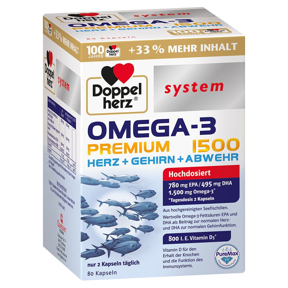 Karton Doppelherz system Omega-3 Premium 1500. Enthält 80 Kapseln. Aufdrucke: Herz, Gehirn, Abwehr, 1500 mg Omega-3, 800 I.E. Vitamin D3.