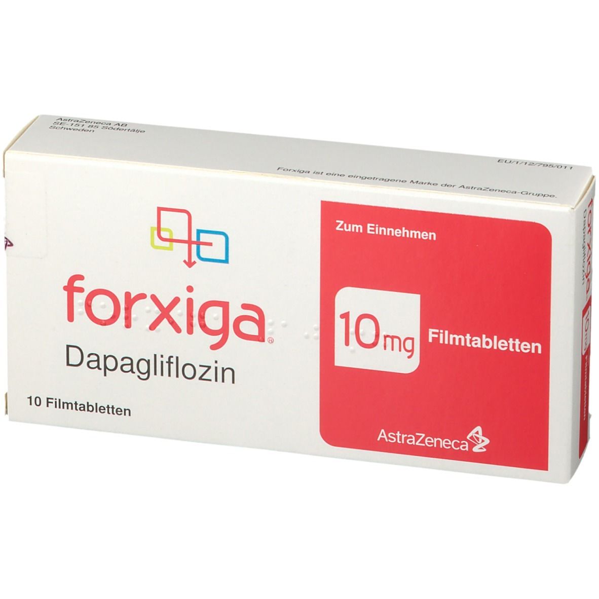 Forxiga 10mg Filmtabletten Packung mit 10 Stück, Vorderseite.