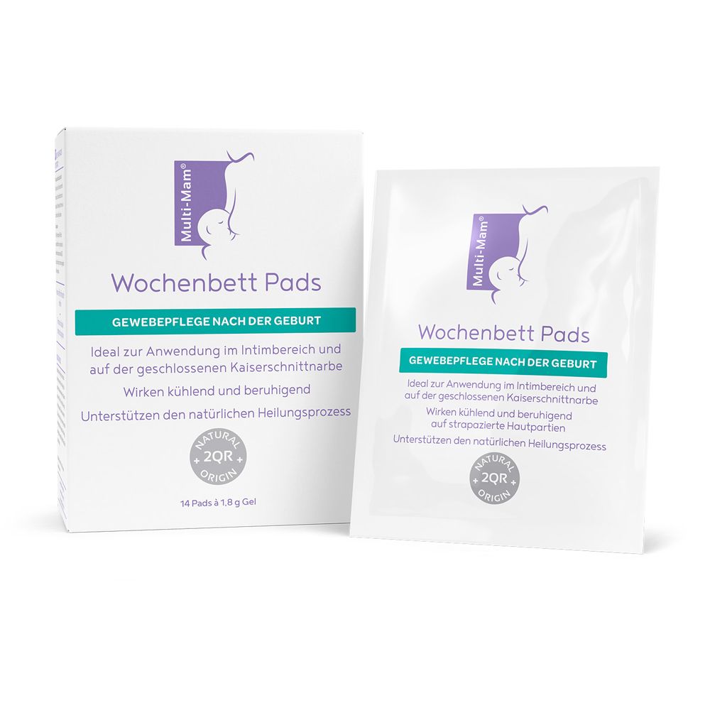 Verpackung und einzeln verpackte Pads für die Wochenbettpflege.