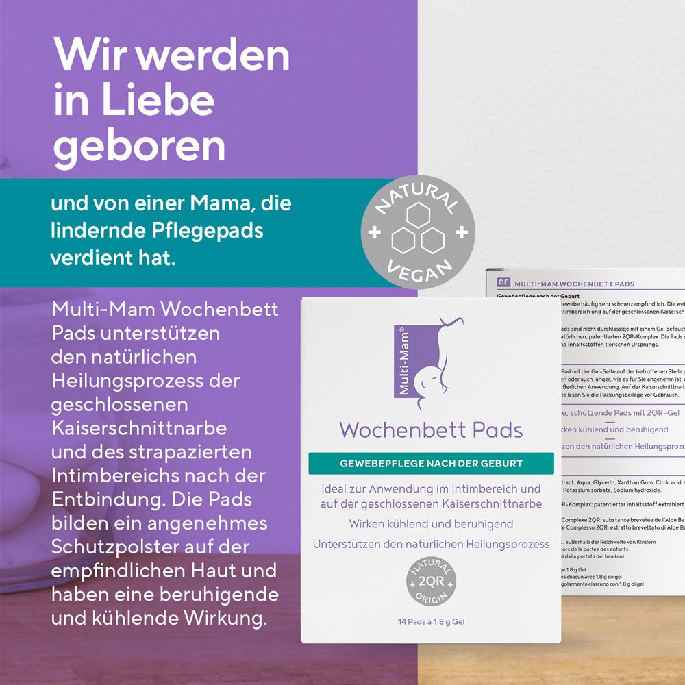 Produktinformationen und Verpackung der Wochenbett Pads.