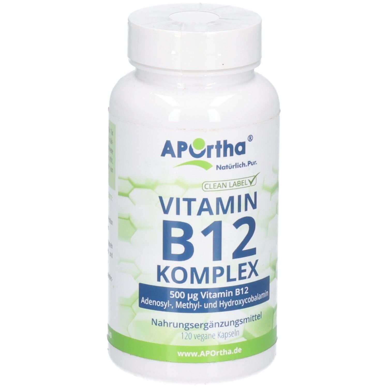Weiße Dose mit APOrtha Vitamin B12 Komplex Kapseln, 500 µg, 120 vegane Kapseln.