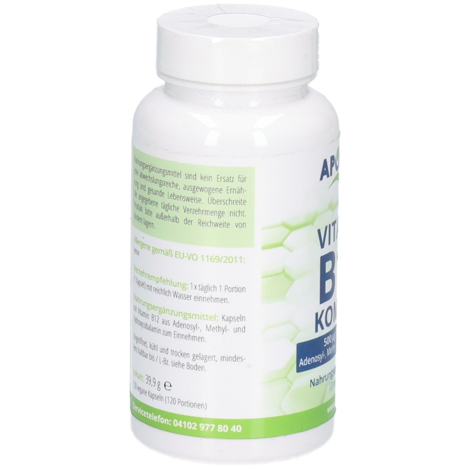Rückseite der Dose mit APOrtha Vitamin B12 Komplex Kapseln, Nährwertangaben und Anwendungshinweisen.