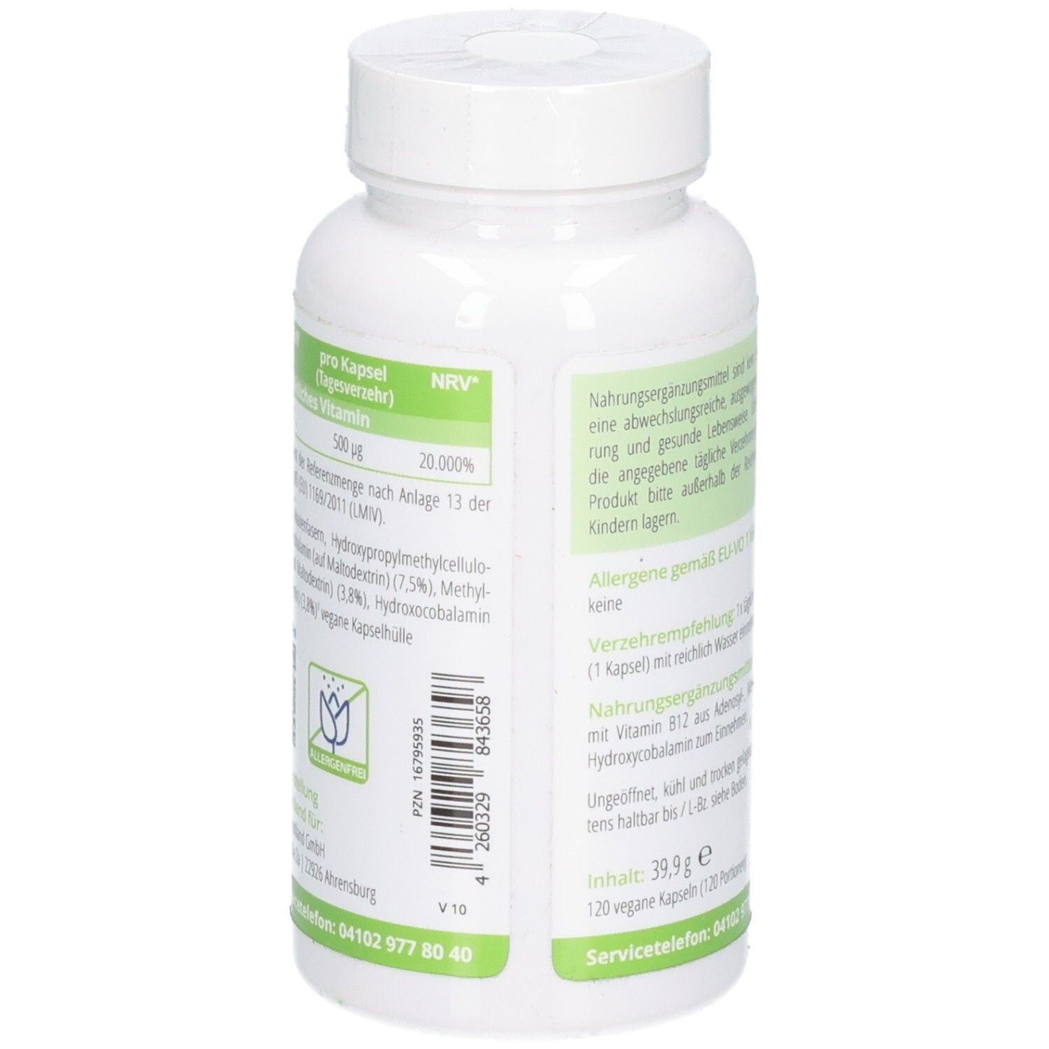 Seitenansicht der Dose mit APOrtha Vitamin B12 Komplex Kapseln, mit Details zu Inhaltsstoffen und Siegeln.