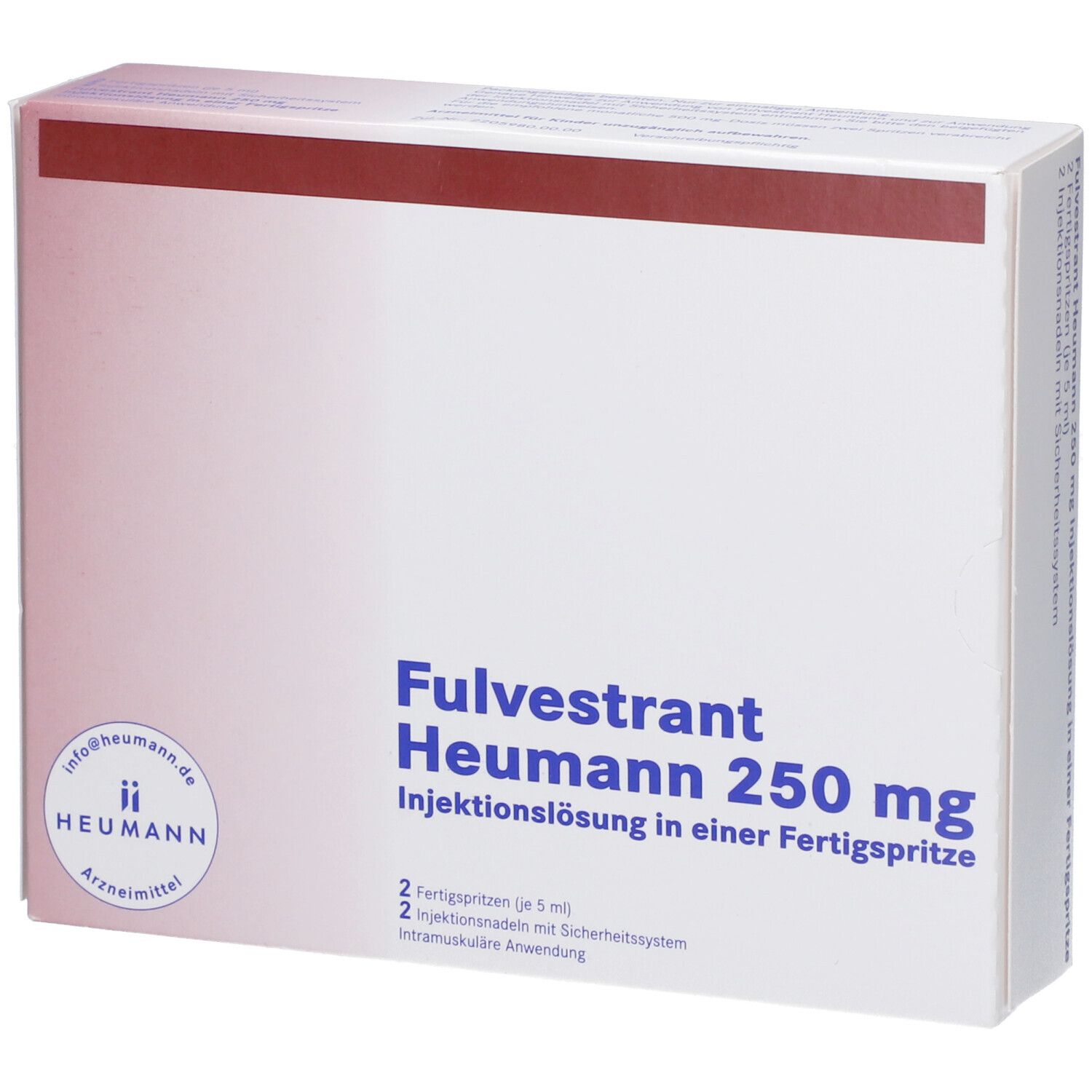 Weiße Faltschachtel mit rotem Streifen. Aufschrift: Fulvestrant Heumann 250 mg. 2 Fertigspritzen. Heumann Logo.