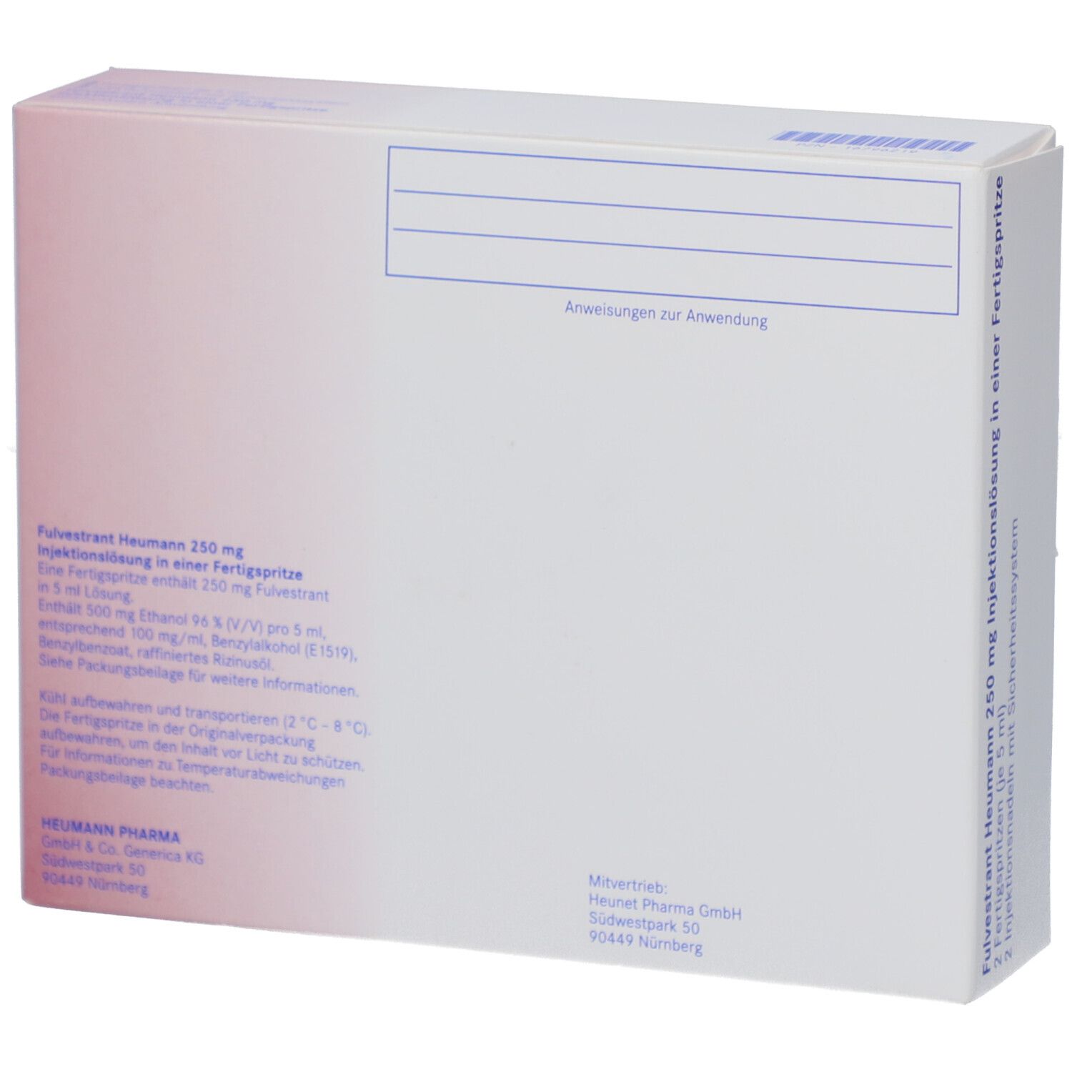 Rückseite der Faltschachtel. Aufschrift: Fulvestrant Heumann 250 mg. Text in Deutsch. Heumann Pharma Logo.
