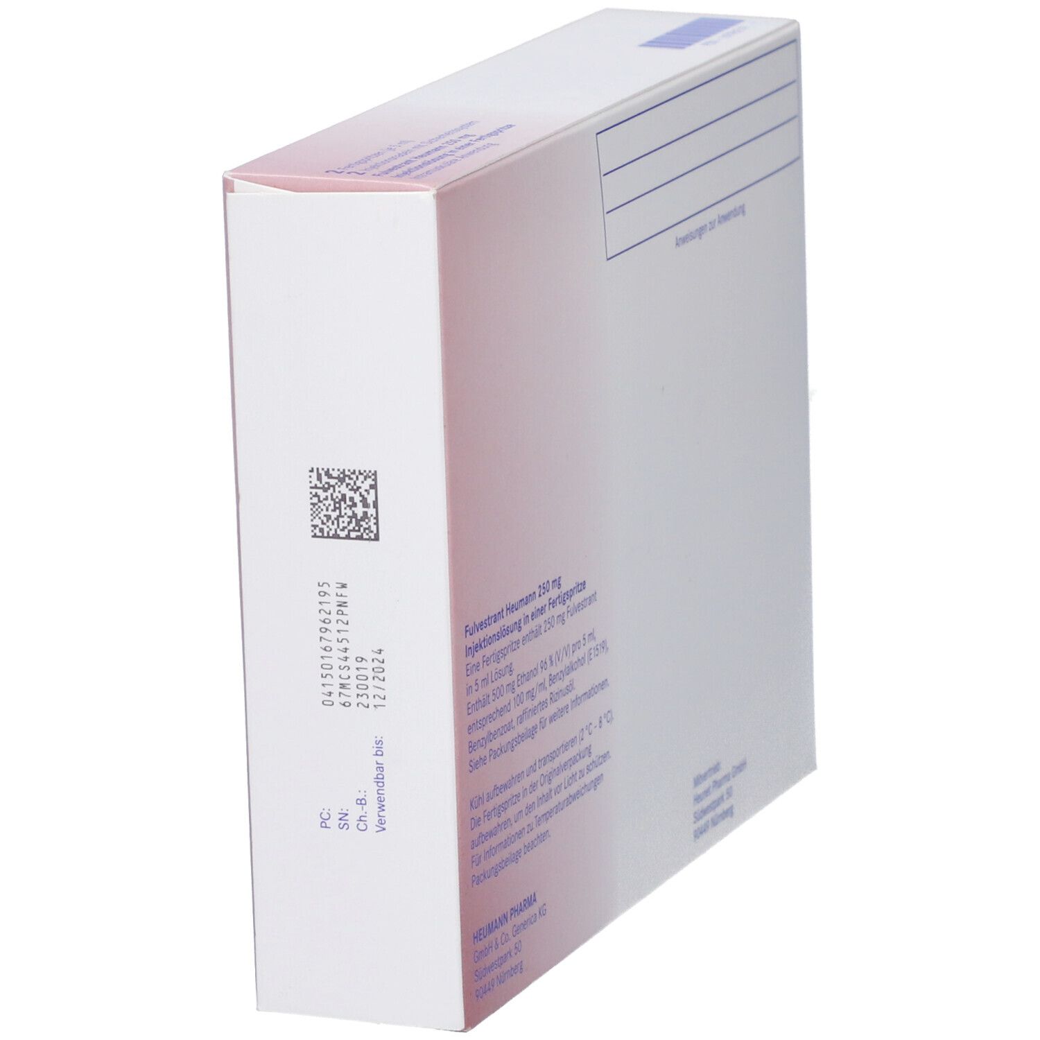 Schachtel, weiß mit rotem Streifen. Aufdruck: Fulvestrant Heumann 250 mg. Barcode und Chargennummer. Text in Deutsch.