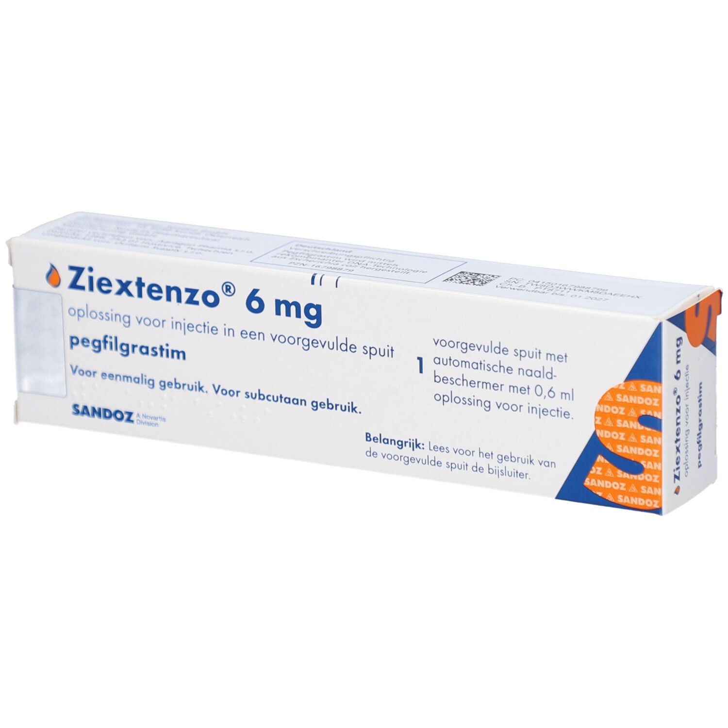 Kartonverpackung mit Aufschrift ZIEXTENZO 6 mg. Enthält eine Fertigspritze. Sandoz Logo.