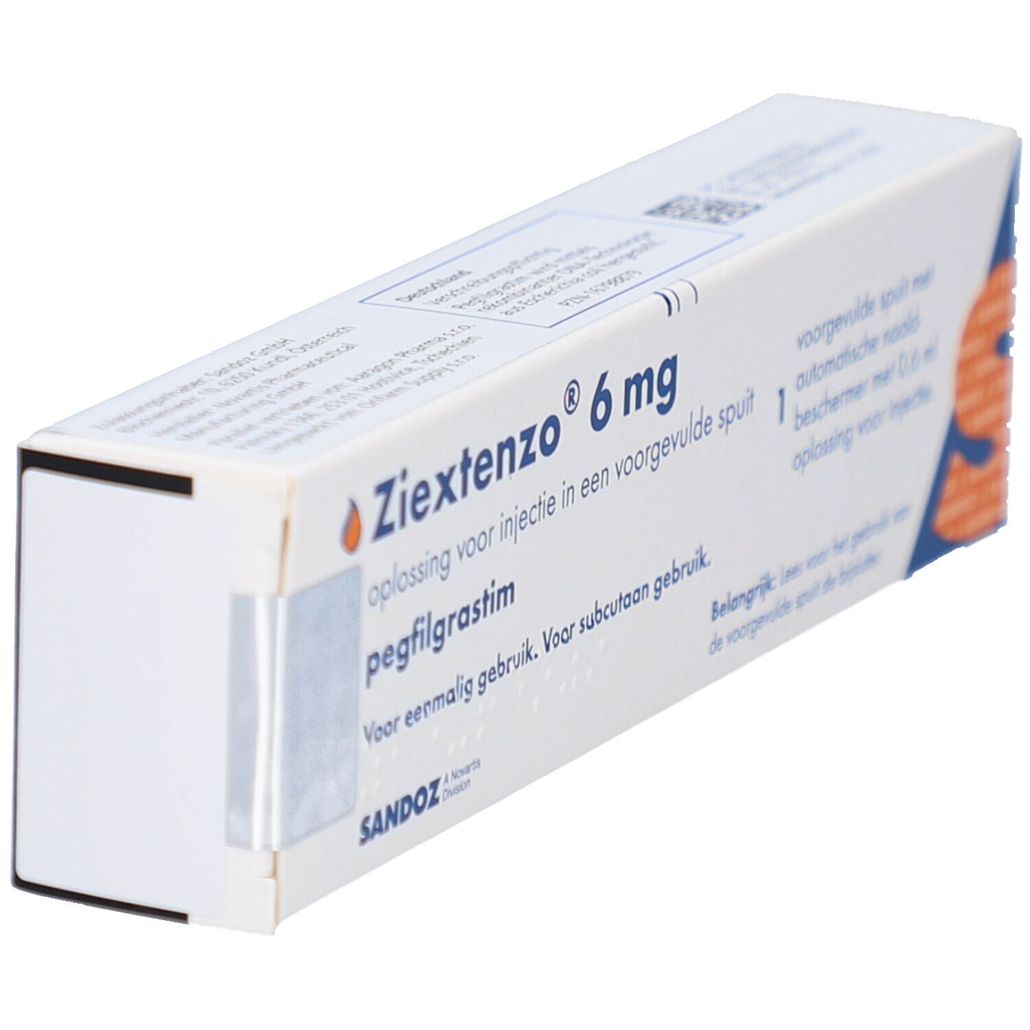 Seitenansicht der ZIEXTENZO 6 mg Verpackung. Text in niederländischer Sprache. Sandoz Logo.