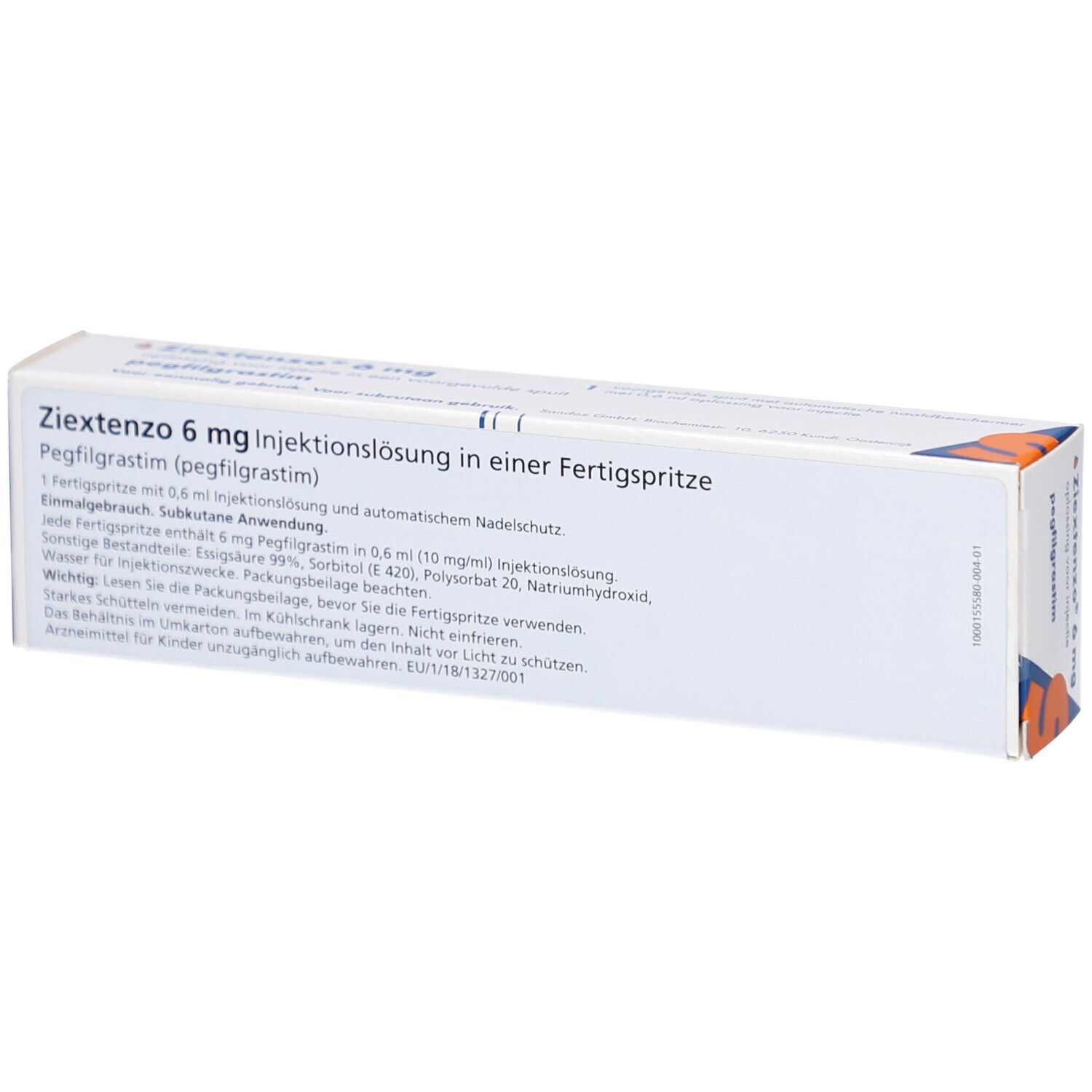 Verpackung ZIEXTENZO 6 mg. Text in deutscher Sprache. Enthält eine Fertigspritze.