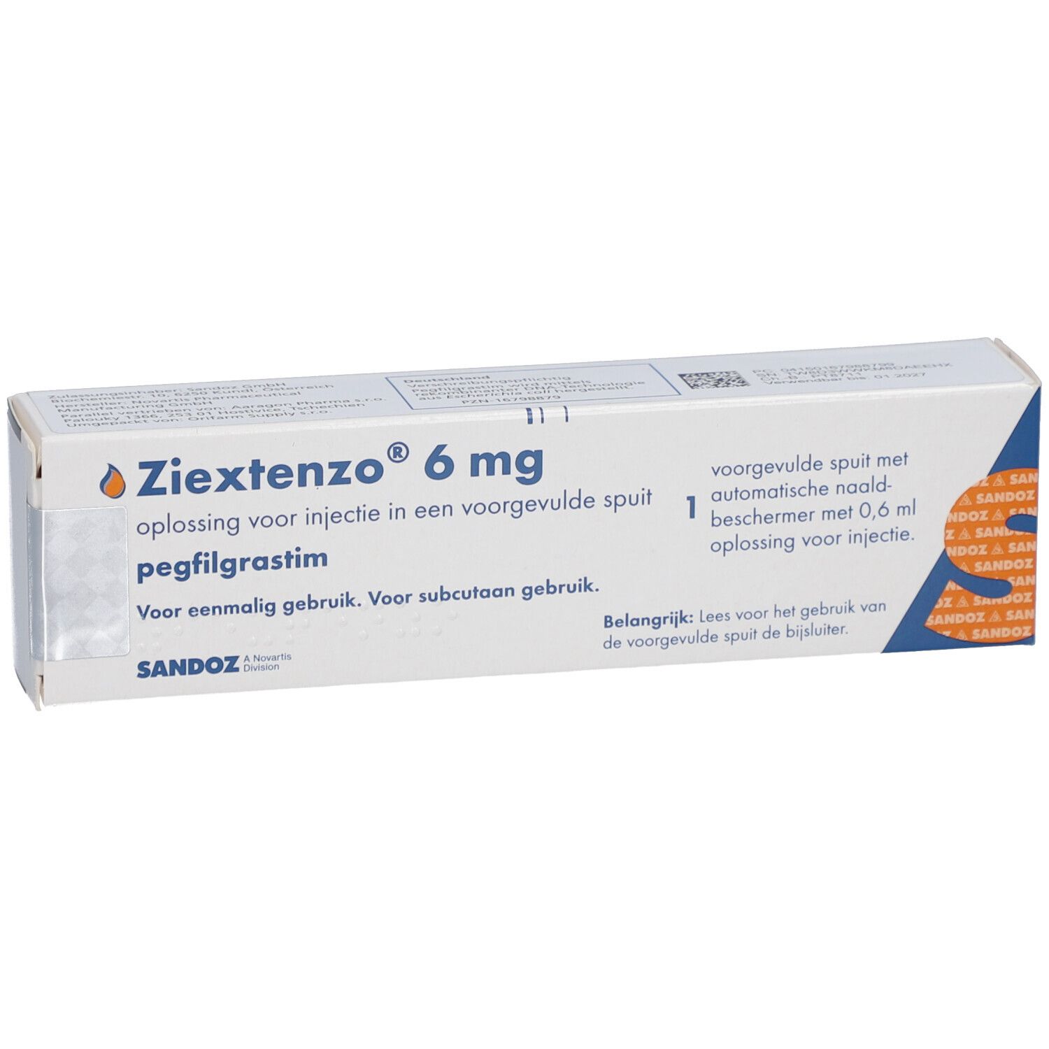 Verpackung ZIEXTENZO 6 mg. Enthält eine Fertigspritze. Text in niederländischer Sprache.